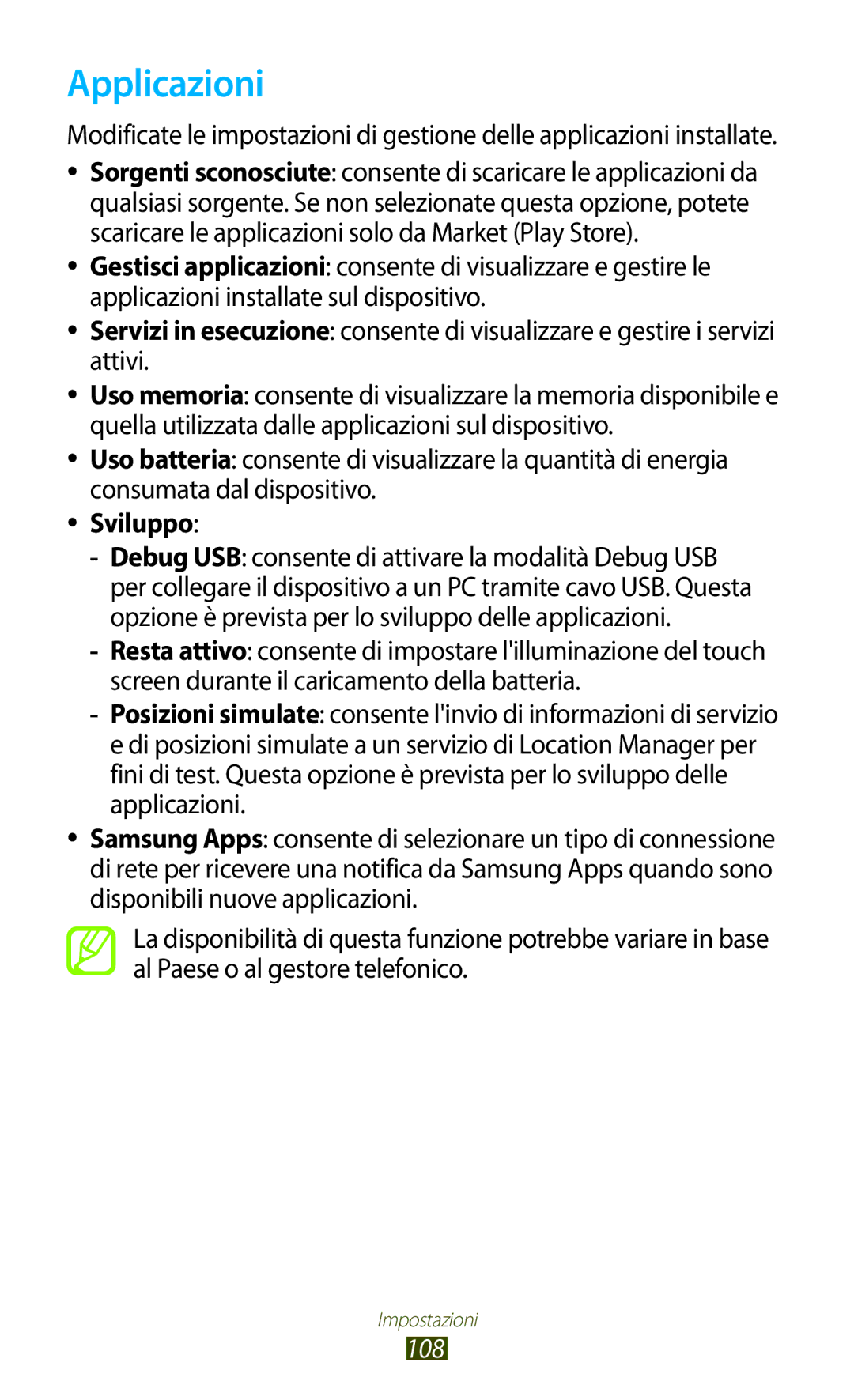 Samsung GT-S5300ZKATIM, GT-S5300ZKATUR, GT-S5300ZIATIM, GT-S5300ZWATIM, GT-S5300ZKAHUI manual Applicazioni, Sviluppo, 108 