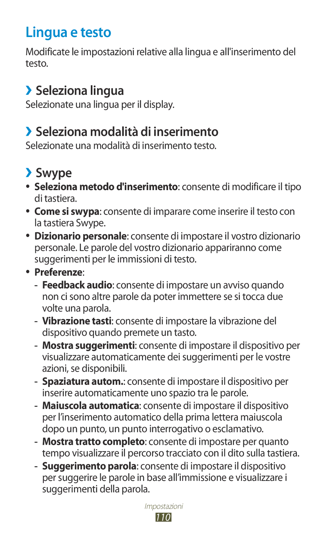 Samsung GT-S5300ZWAITV manual Lingua e testo, ››Seleziona lingua, ››Seleziona modalità di inserimento, ››Swype, Preferenze 