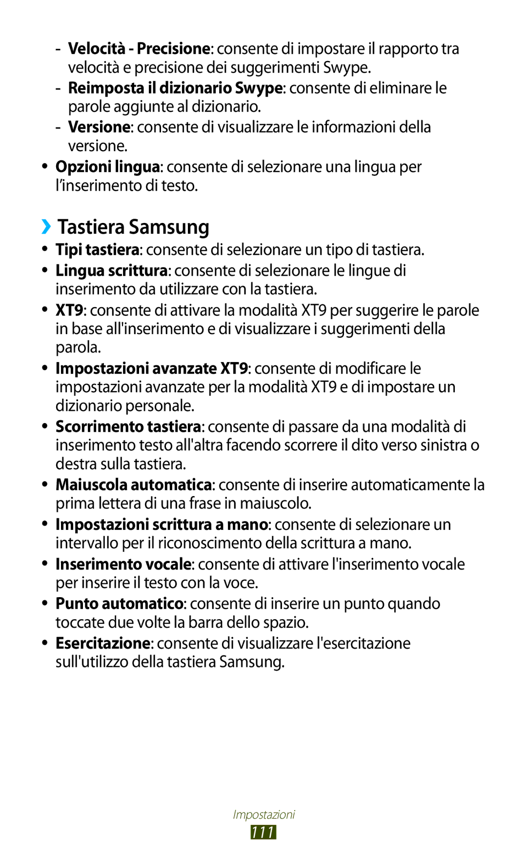 Samsung GT-S5300ZKAITV, GT-S5300ZKATUR ››Tastiera Samsung, Tipi tastiera consente di selezionare un tipo di tastiera, 111 