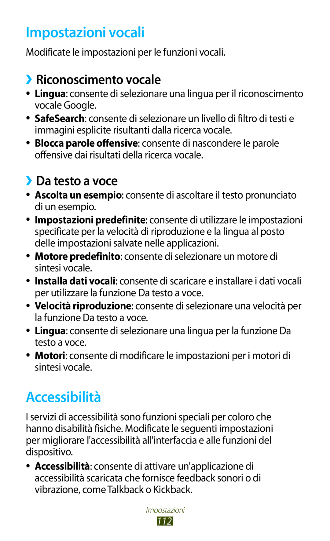 Samsung GT-S5300ZKATUR, GT-S5300ZIATIM Impostazioni vocali, Accessibilità, ››Riconoscimento vocale, ››Da testo a voce, 112 