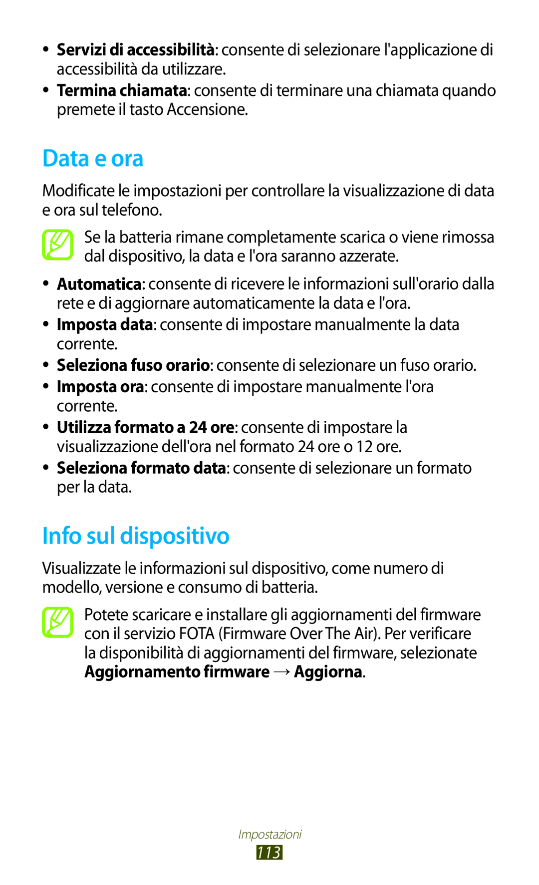 Samsung GT-S5300ZIATIM, GT-S5300ZKATUR manual Data e ora, Info sul dispositivo, Aggiornamento firmware → Aggiorna, 113 