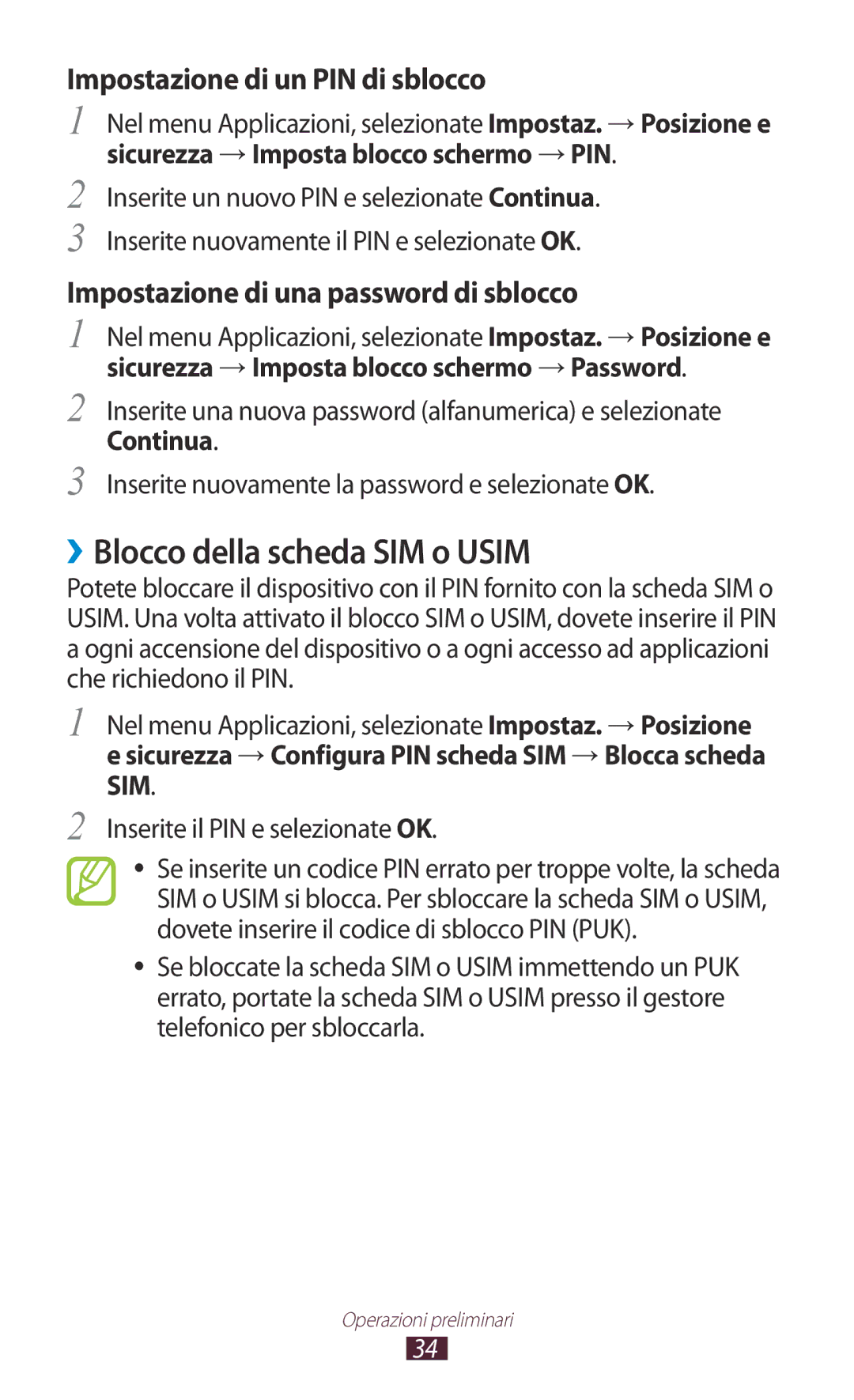 Samsung GT-S5300ZKAITV, GT-S5300ZKATUR, GT-S5300ZIATIM ››Blocco della scheda SIM o Usim, Impostazione di un PIN di sblocco 