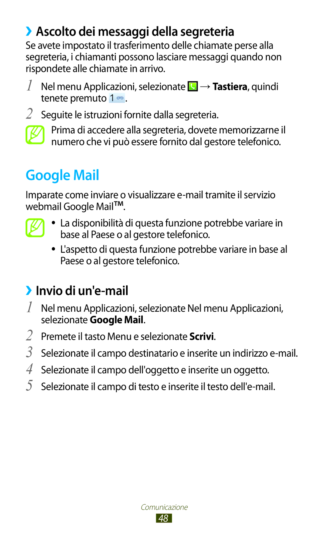 Samsung GT-S5300ZKAITV, GT-S5300ZKATUR manual Google Mail, ››Ascolto dei messaggi della segreteria, ››Invio di une-mail 