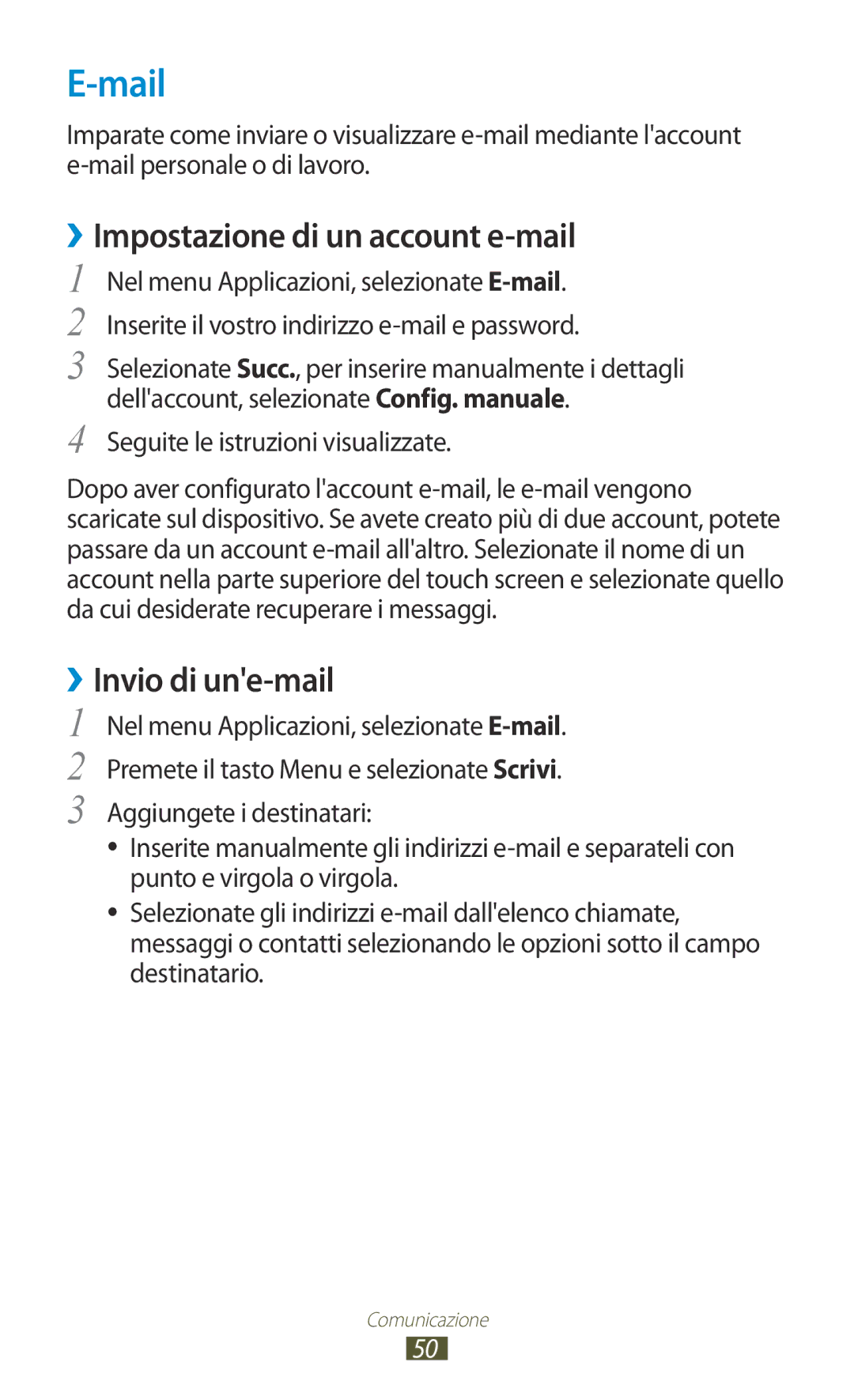 Samsung GT-S5300ZIATIM, GT-S5300ZKATUR manual Mail, ››Impostazione di un account e-mail, Seguite le istruzioni visualizzate 