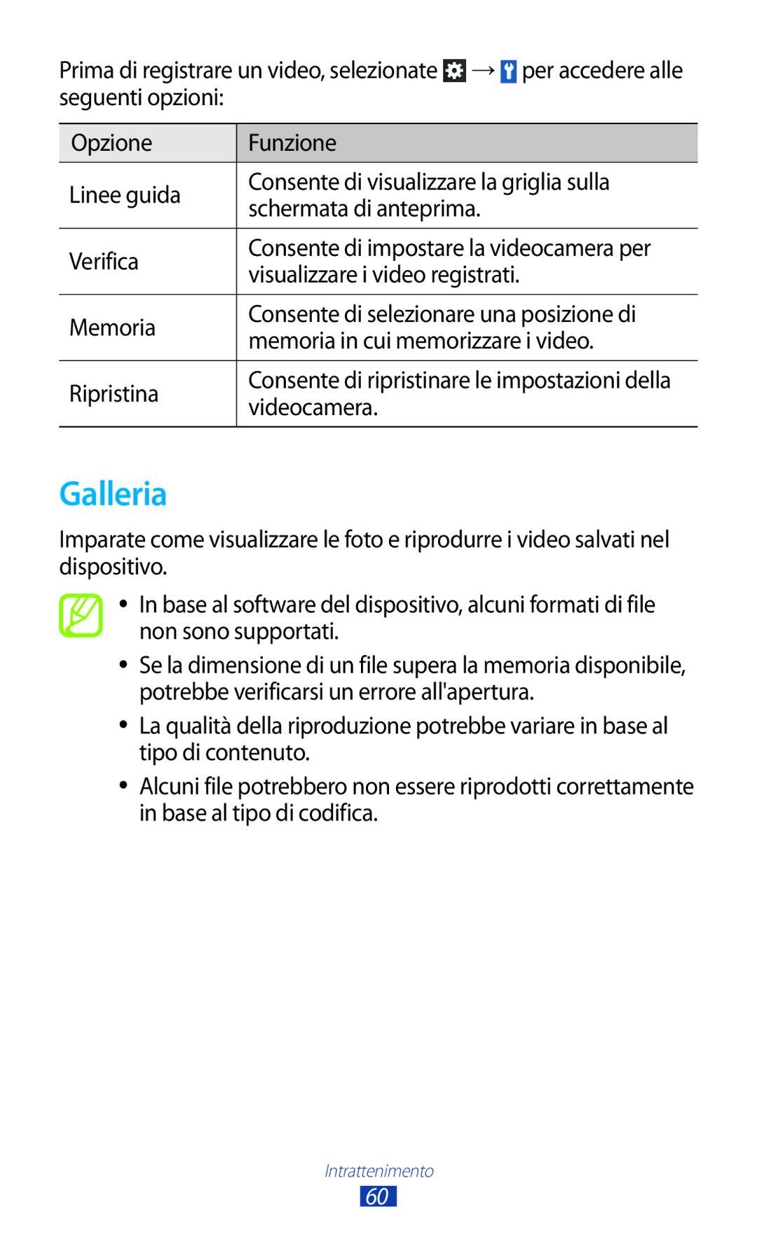 Samsung GT-S5300ZKAHUI, GT-S5300ZKATUR, GT-S5300ZIATIM manual Galleria, Visualizzare i video registrati, Videocamera 