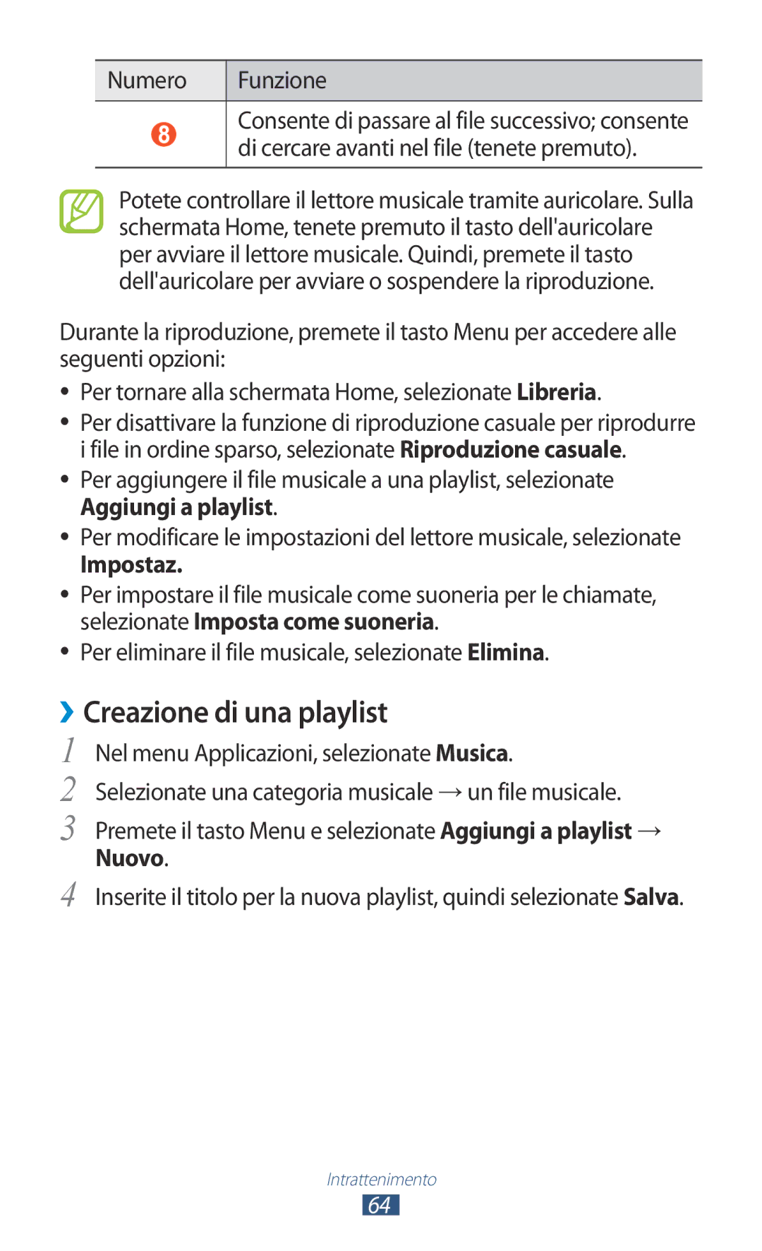 Samsung GT-S5300ZIATIM, GT-S5300ZKATUR, GT-S5300ZWATIM manual ››Creazione di una playlist, Numero Funzione, Impostaz 