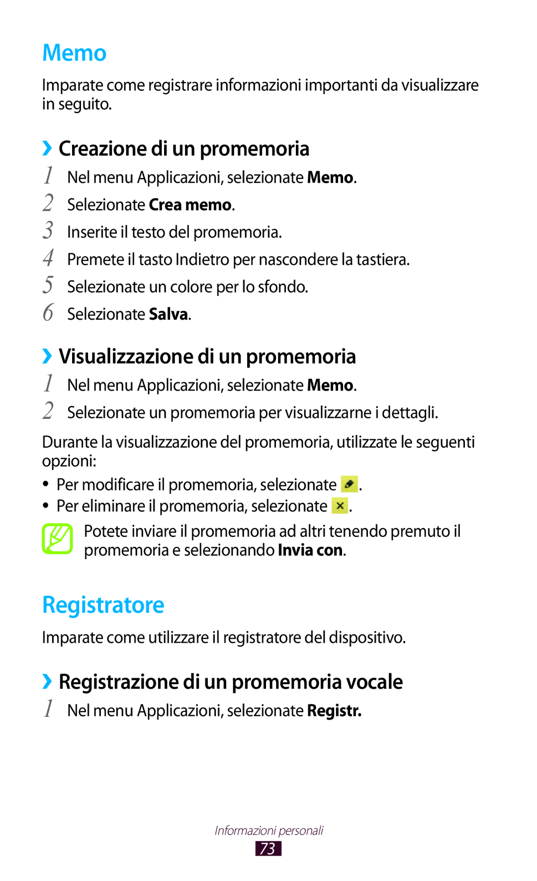 Samsung GT-S5300ZKATIM manual Memo, Registratore, ››Creazione di un promemoria, ››Visualizzazione di un promemoria 