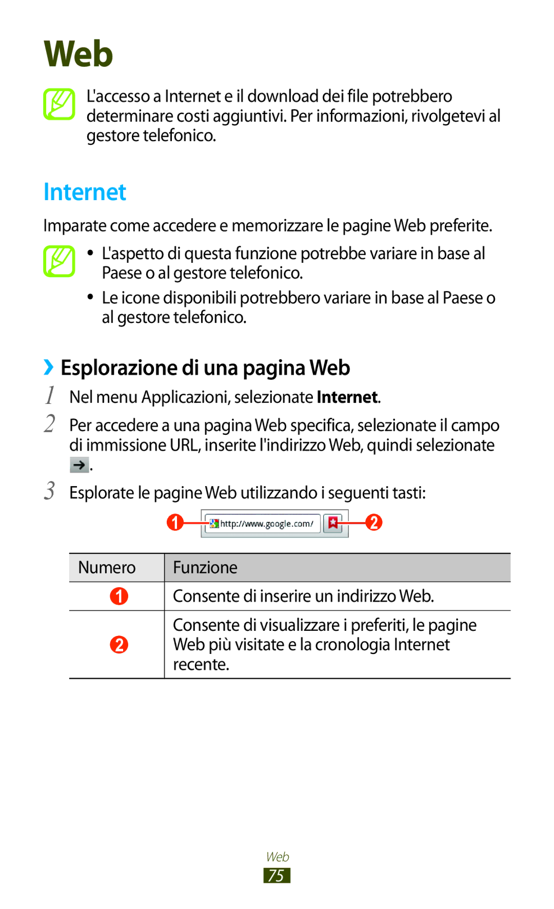 Samsung GT-S5300ZWAITV manual ››Esplorazione di una pagina Web, Web più visitate e la cronologia Internet recente 