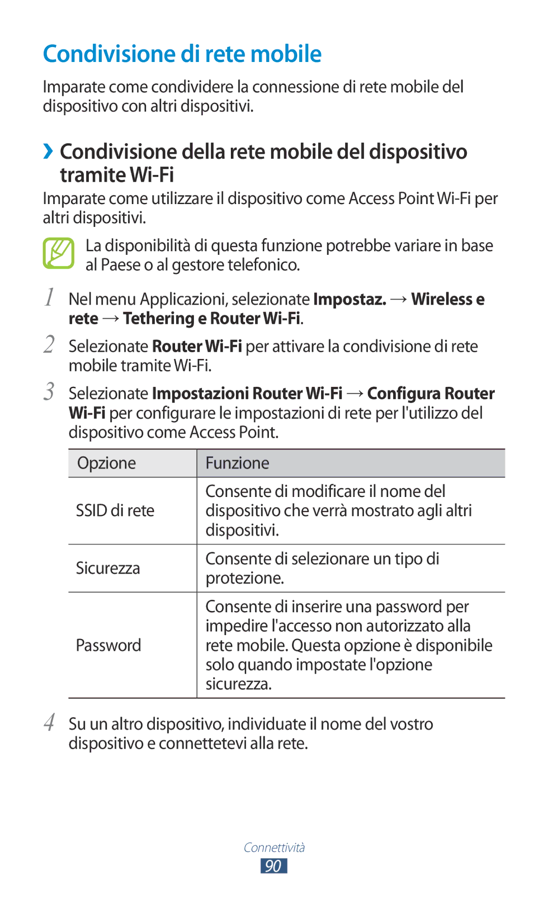 Samsung GT-S5300ZKAITV, GT-S5300ZKATUR, GT-S5300ZIATIM manual Condivisione di rete mobile, Rete → Tethering e Router Wi-Fi 