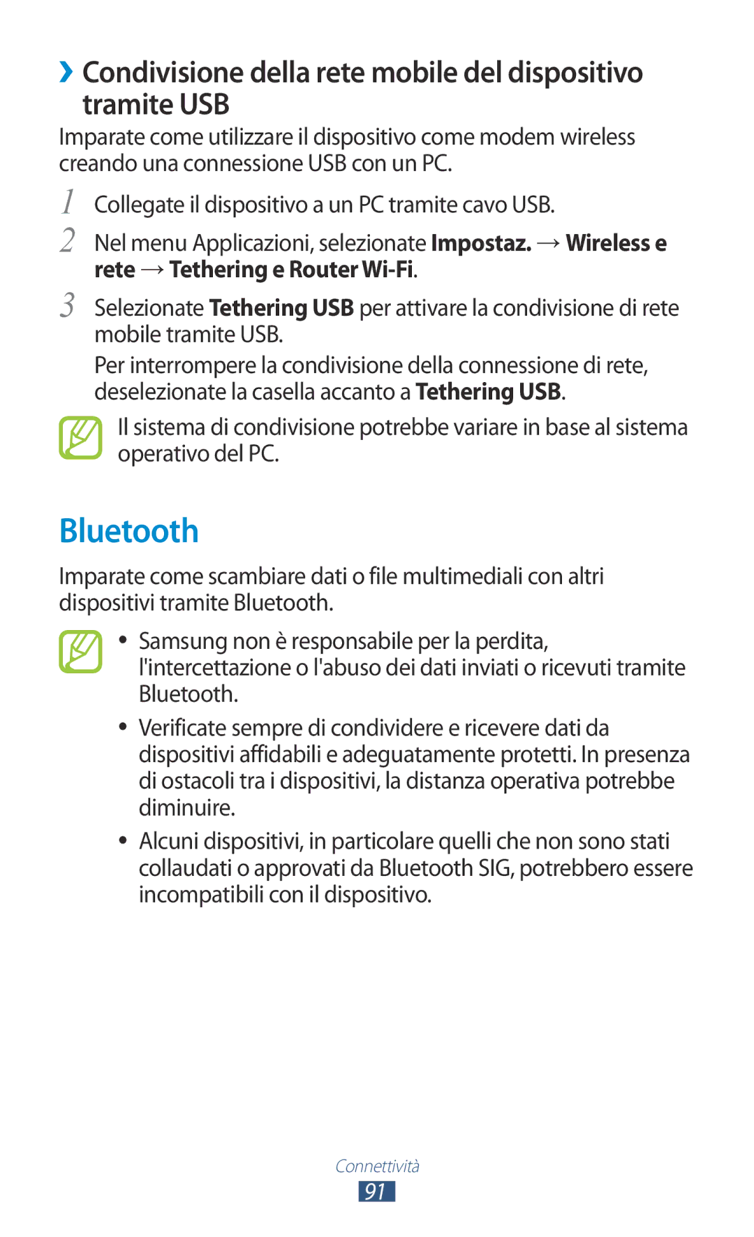 Samsung GT-S5300ZKATUR, GT-S5300ZIATIM manual Bluetooth, ››Condivisione della rete mobile del dispositivo tramite USB 