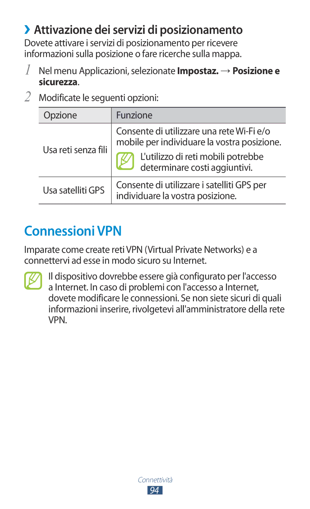 Samsung GT-S5300ZKATIM, GT-S5300ZKATUR manual Connessioni VPN, ››Attivazione dei servizi di posizionamento, Sicurezza 