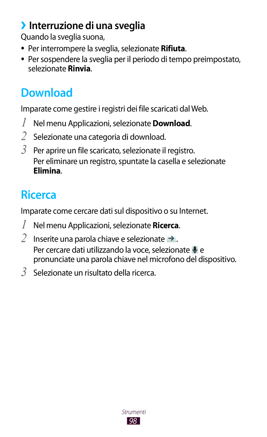 Samsung GT-S5300ZKATUR manual Download, Ricerca, ››Interruzione di una sveglia, Selezionate un risultato della ricerca 