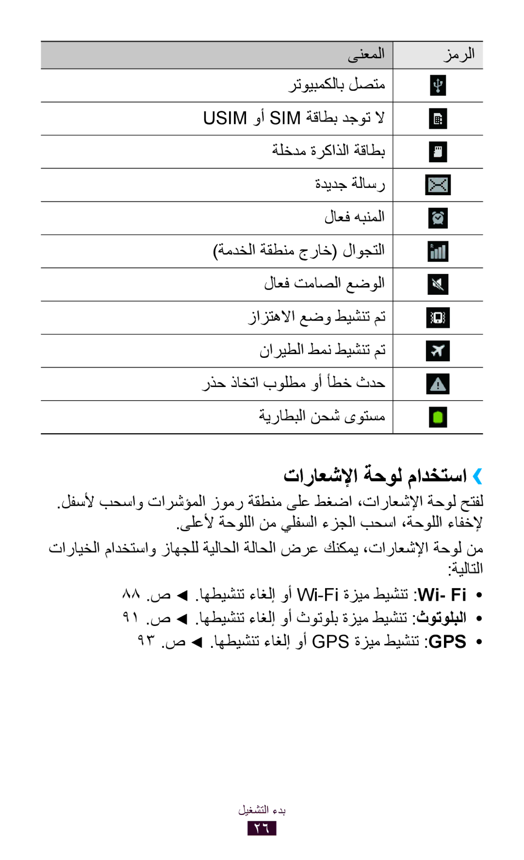 Samsung GT-S5300ZYAAFR, GT-S5300ZYAKSA manual تاراعشلإا ةحول مادختسا››, 88 .ص .اهطيشنت ءاغلإ وأ Wi-Fi ةزيم طيشنت Wi- Fi 