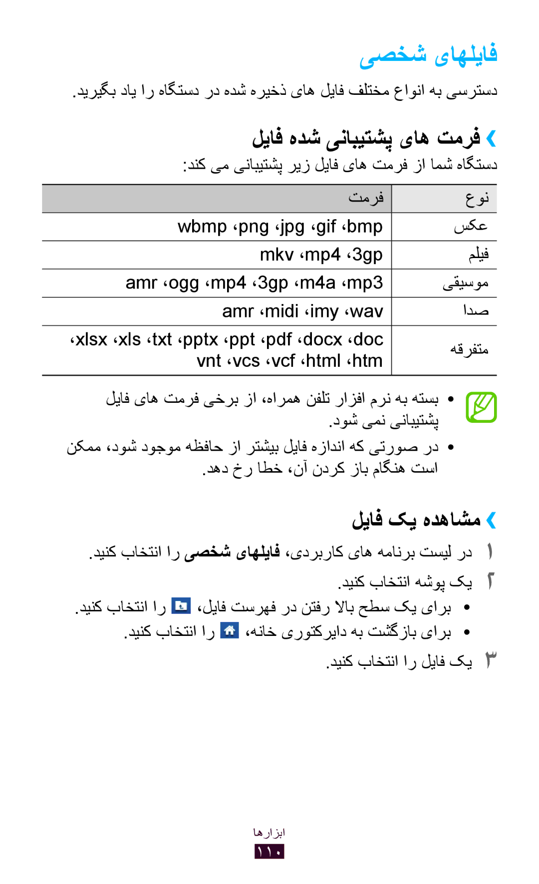 Samsung GT-S5301ZWAKSA, GT-S5301ZIAKSA, GT-S5301ZKAJED manual یصخش یاهلياف, لیاف هدش ینابیتشپ یاه تمرف››, لیاف کی هدهاشم›› 