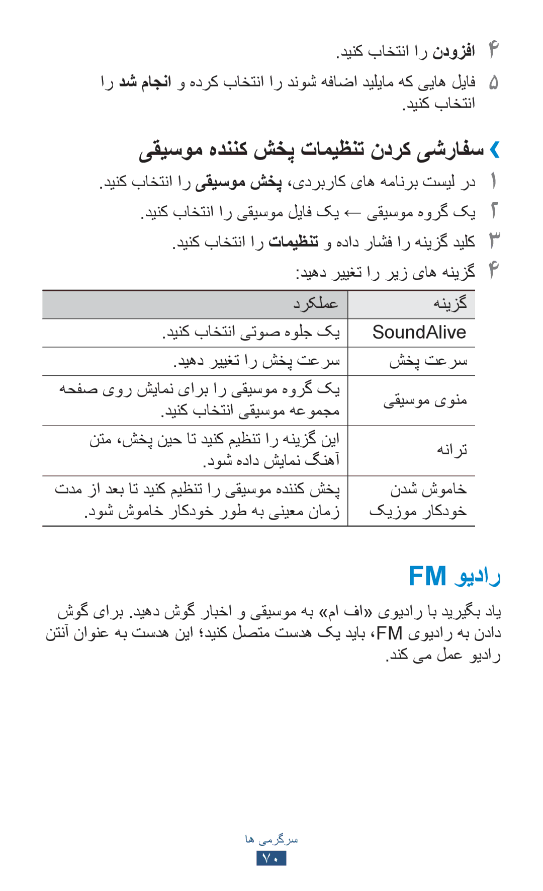 Samsung GT-S5301ZWAKSA, GT-S5301ZIAKSA manual Fm ويدار, یقیسوم هدننک شخپ تامیظنت ندرک یشرافس››, ندش شوماخ, دنک یم لمع ويدار 