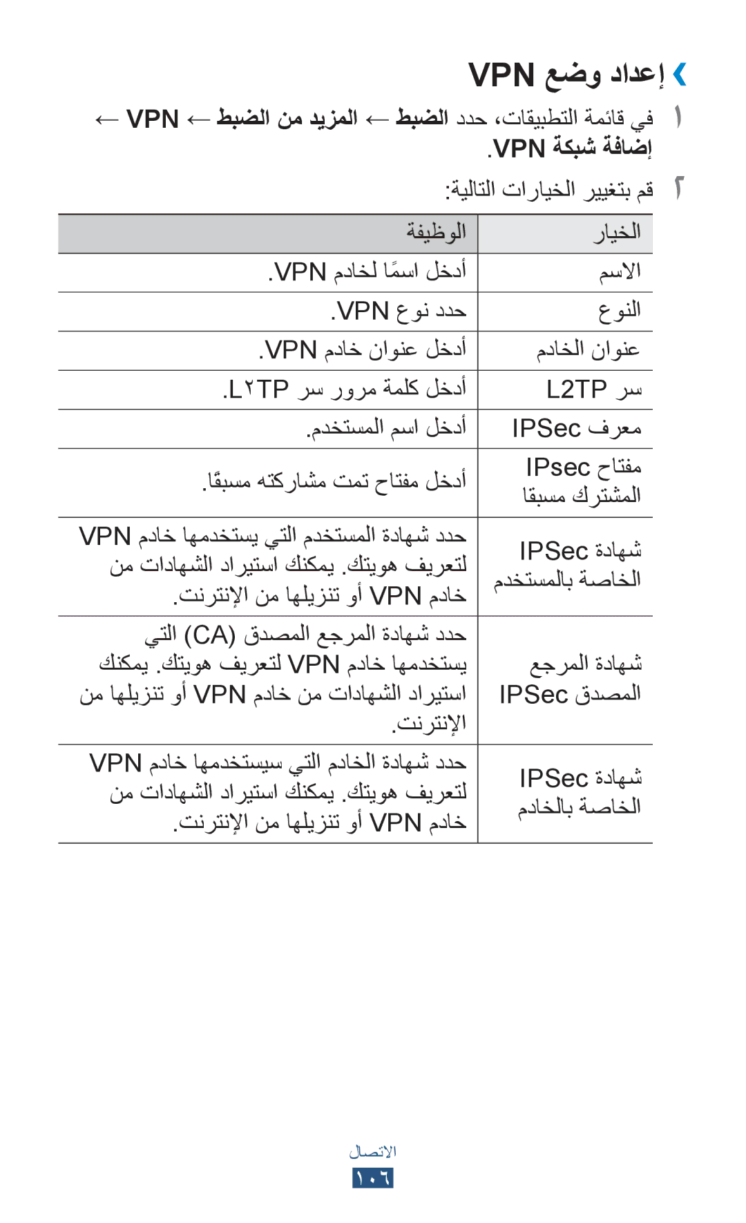 Samsung GT-S5301ZYAKSA, GT-S5301ZIAKSA manual Vpn عضو دادعإ››, ← VPN ← طبضلا نم ديزملا ← طبضلا ددح ،تاقيبطتلا ةمئاق يف1 