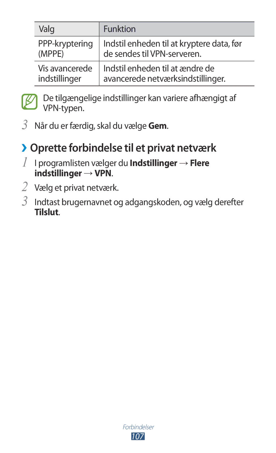 Samsung GT-S5301ZOANEE manual ››Oprette forbindelse til et privat netværk, De sendes til VPN-serveren, Indstillinger →VPN 