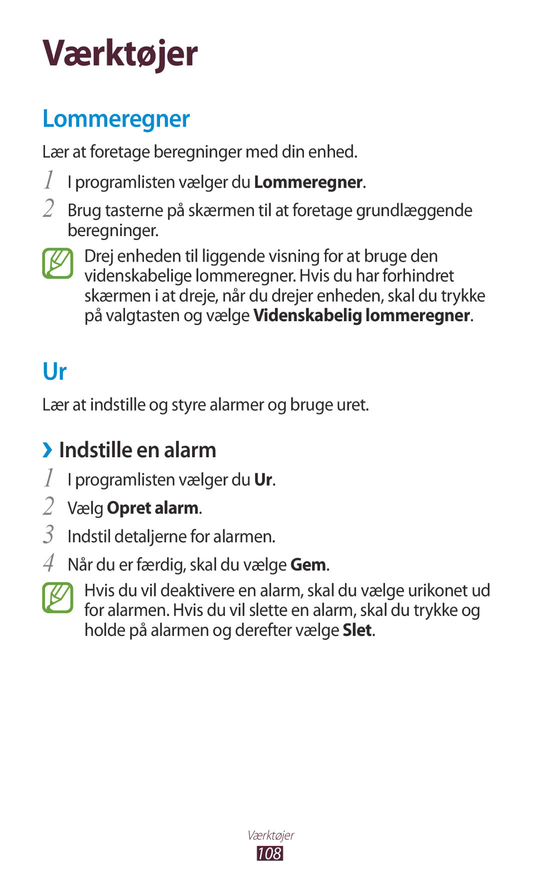 Samsung GT-S5301ZIANEE, GT-S5301ZKANEE Lommeregner, ››Indstille en alarm, Lær at indstille og styre alarmer og bruge uret 