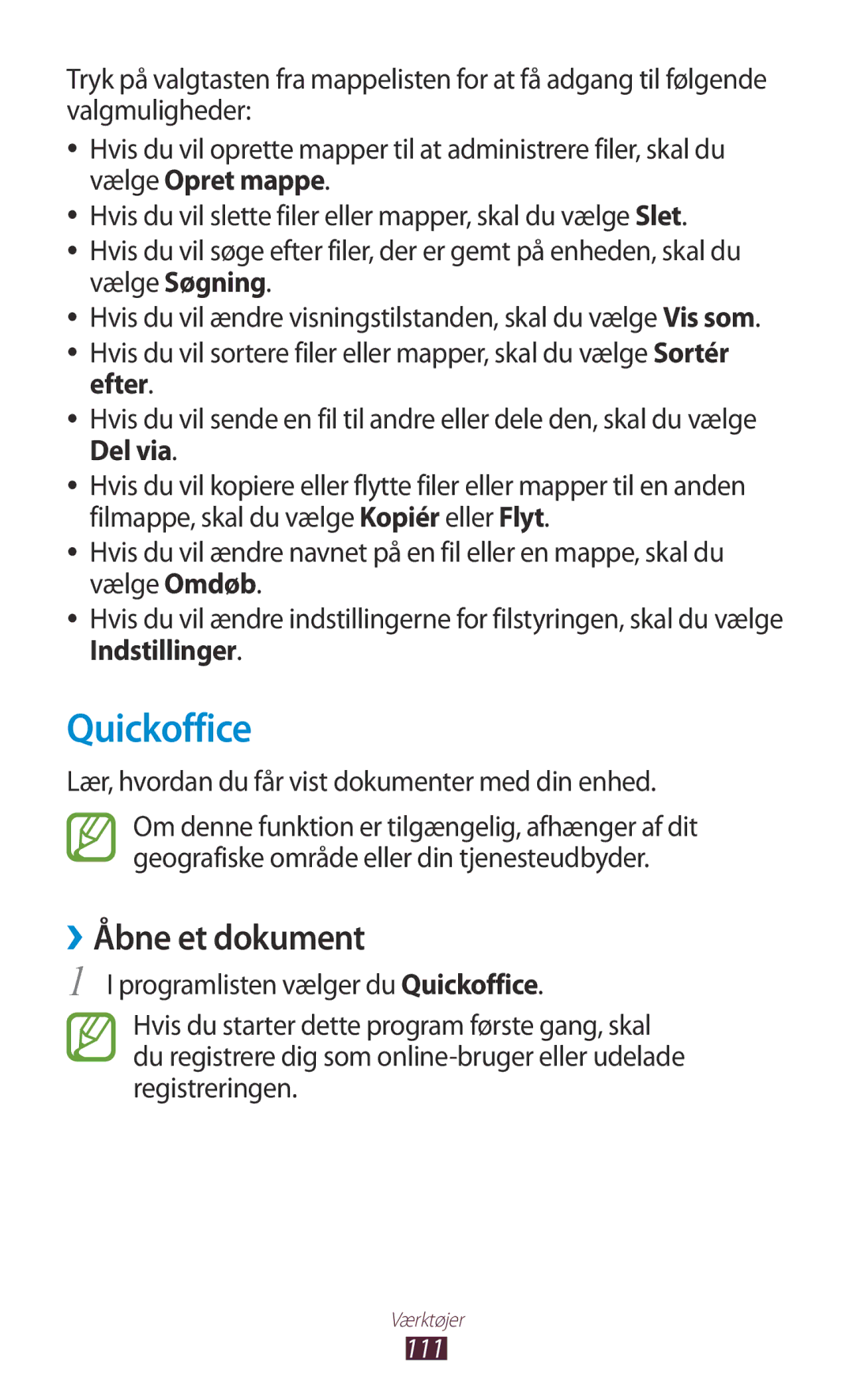 Samsung GT-S5301ZYANEE manual Quickoffice, ››Åbne et dokument, Efter, Lær, hvordan du får vist dokumenter med din enhed 