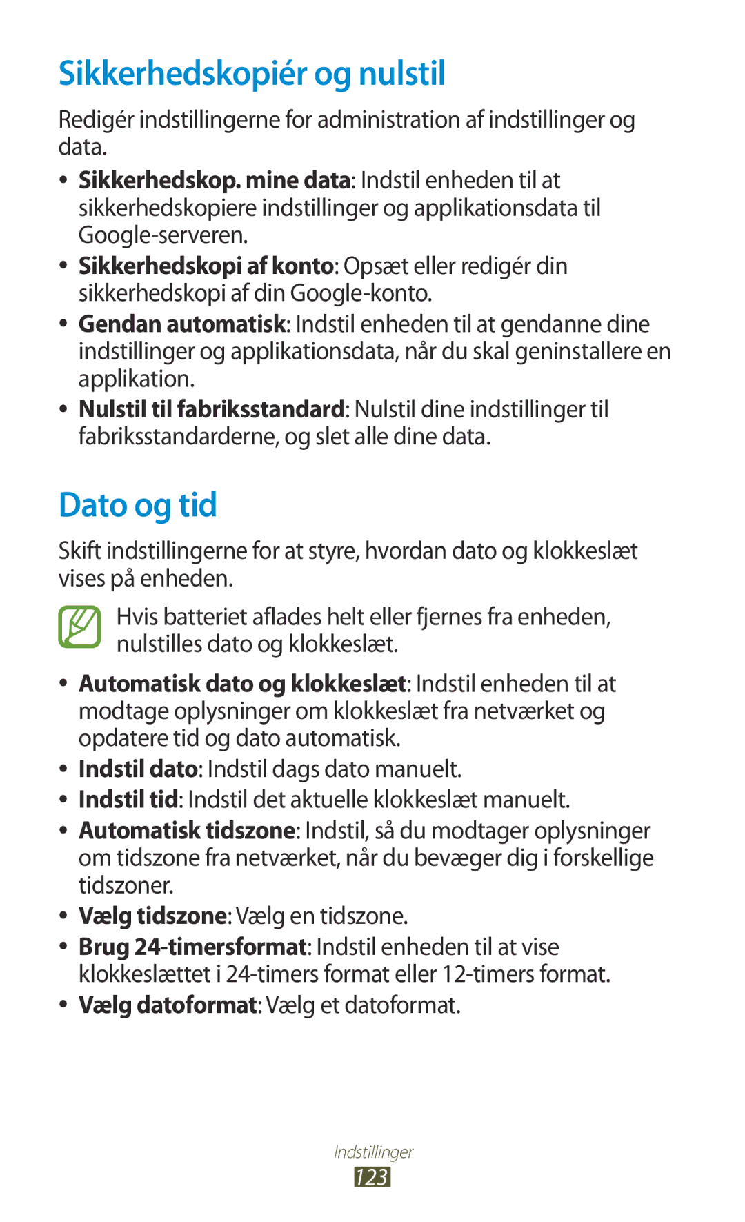 Samsung GT-S5301ZIANEE, GT-S5301ZKANEE, GT-S5301ZYANEE, GT-S5301ZOANEE manual Sikkerhedskopiér og nulstil, Dato og tid 