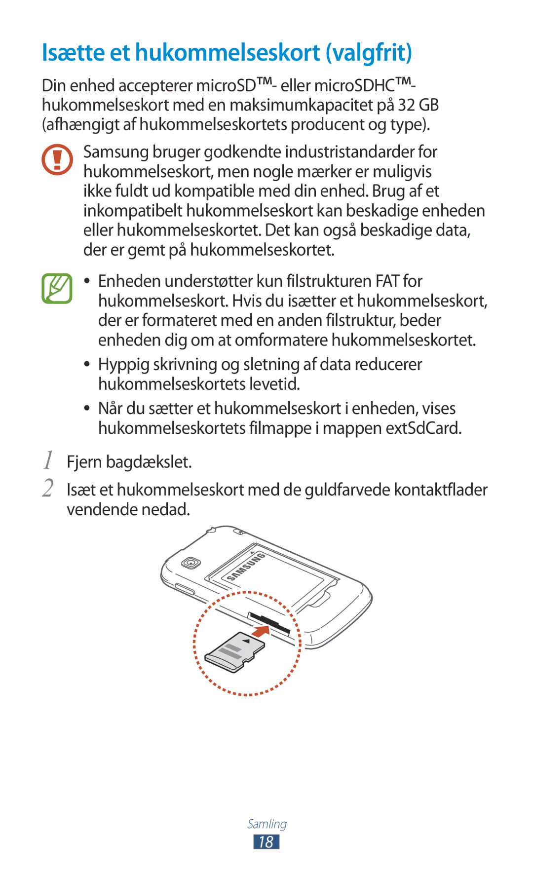 Samsung GT-S5301ZIANEE, GT-S5301ZKANEE, GT-S5301ZYANEE, GT-S5301ZOANEE, GT-S5301ZWANEE Isætte et hukommelseskort valgfrit 