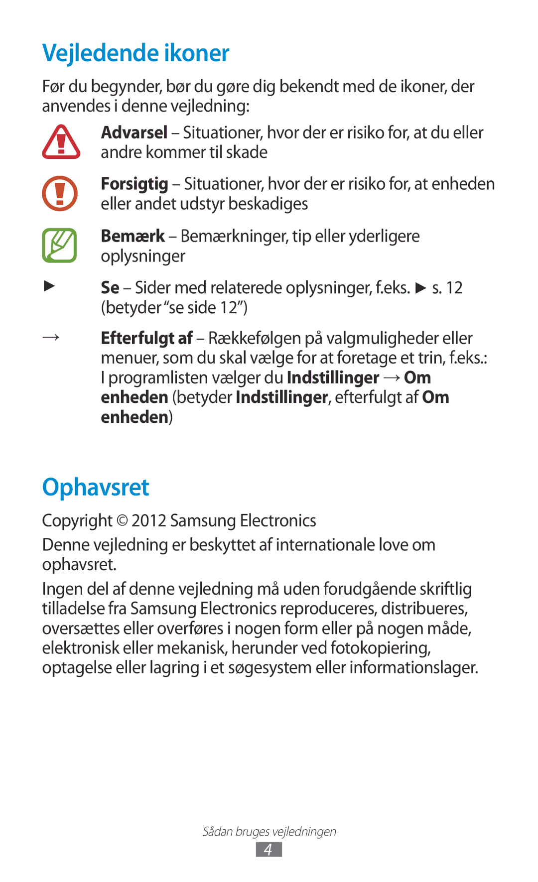 Samsung GT-S5301ZWANEE, GT-S5301ZKANEE, GT-S5301ZYANEE, GT-S5301ZOANEE, GT-S5301ZIANEE manual Vejledende ikoner, Ophavsret 