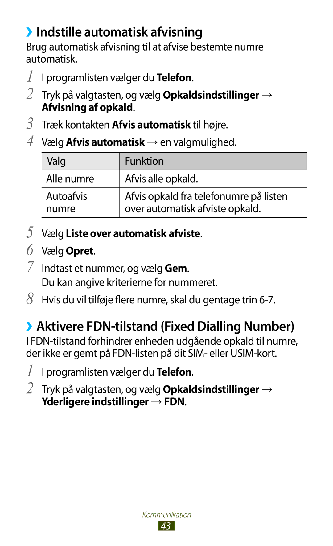 Samsung GT-S5301ZIANEE manual ››Indstille automatisk afvisning, Afvisning af opkald, Numre Over automatisk afviste opkald 