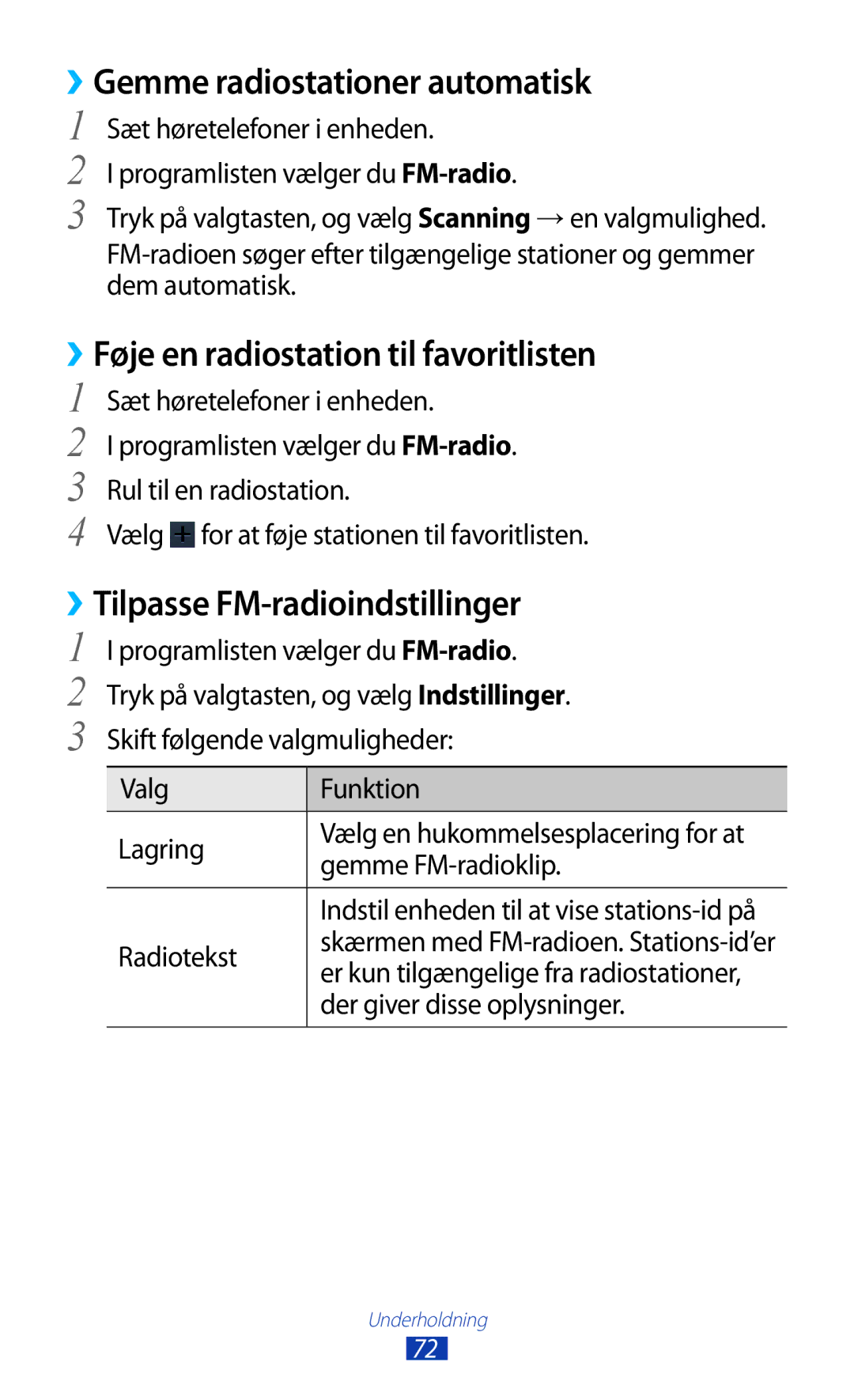 Samsung GT-S5301ZOANEE, GT-S5301ZKANEE manual ››Gemme radiostationer automatisk, ››Føje en radiostation til favoritlisten 