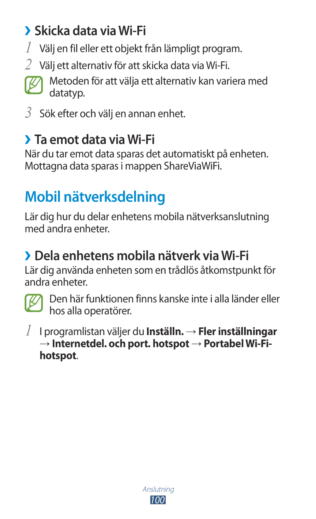 Samsung GT-S5301ZKANEE, GT-S5301ZYANEE manual Mobil nätverksdelning, ››Skicka data via Wi-Fi, ››Ta emot data via Wi-Fi 