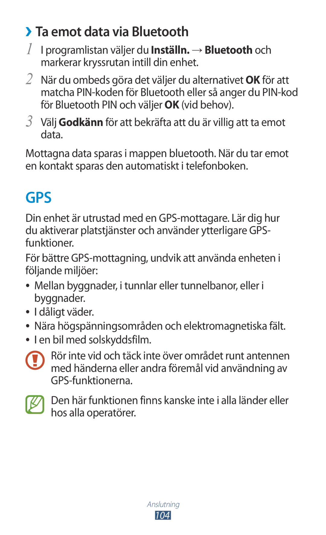 Samsung GT-S5301ZWANEE, GT-S5301ZKANEE, GT-S5301ZYANEE, GT-S5301ZOANEE, GT-S5301ZIANEE manual Gps, ››Ta emot data via Bluetooth 