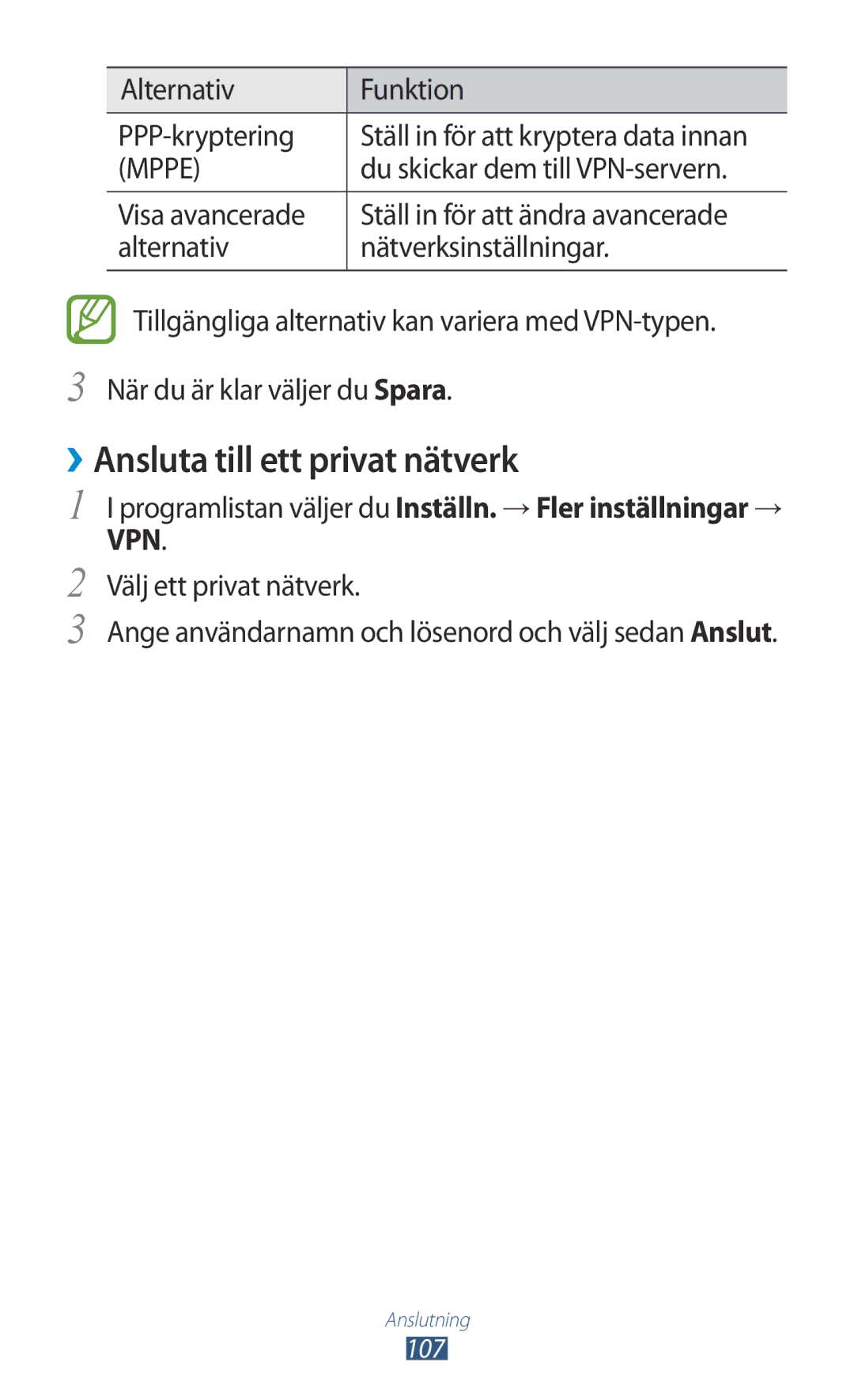 Samsung GT-S5301ZOANEE, GT-S5301ZKANEE, GT-S5301ZYANEE ››Ansluta till ett privat nätverk, Du skickar dem till VPN-servern 