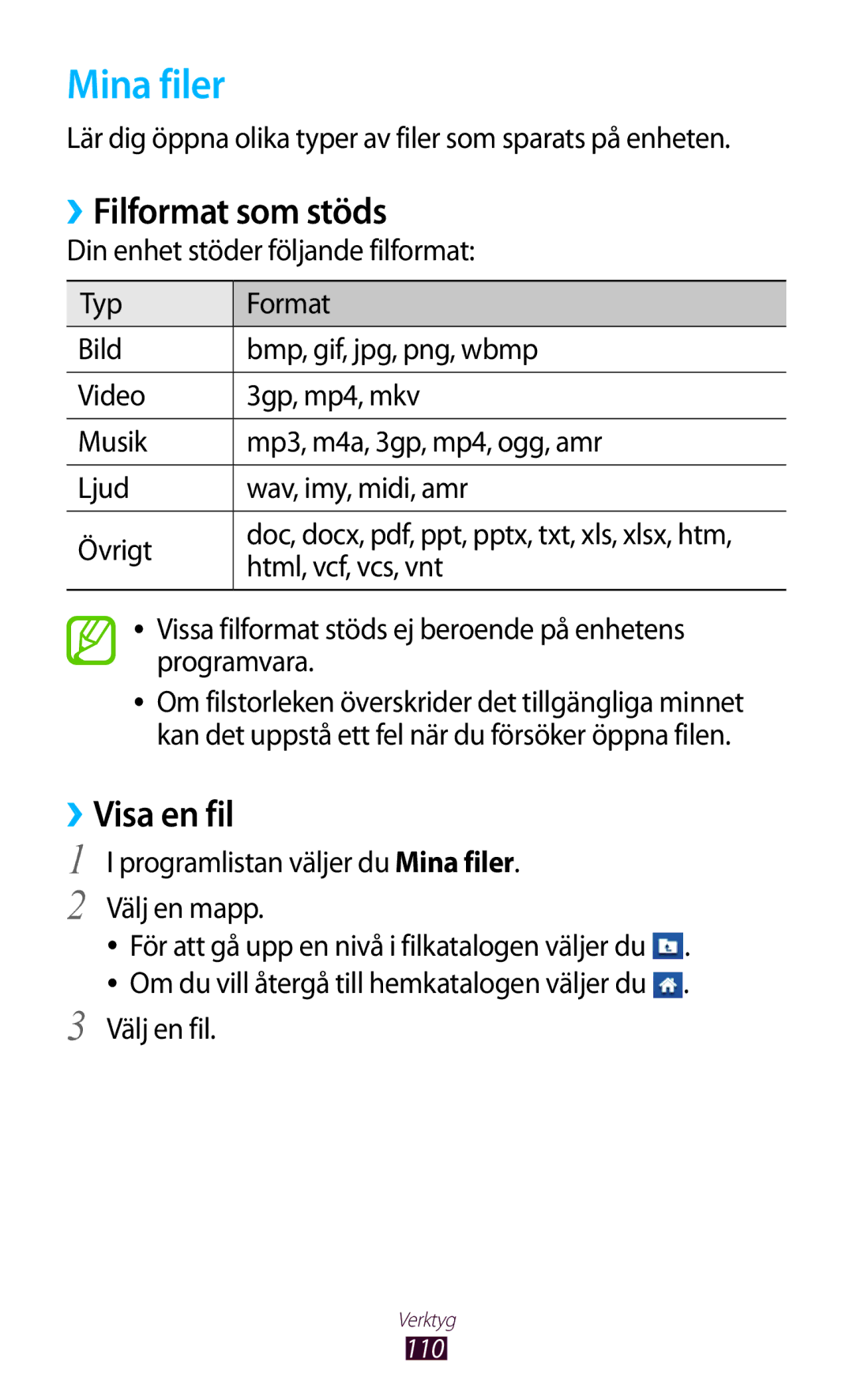 Samsung GT-S5301ZKANEE, GT-S5301ZYANEE, GT-S5301ZOANEE, GT-S5301ZIANEE manual Mina filer, ››Filformat som stöds, ››Visa en fil 