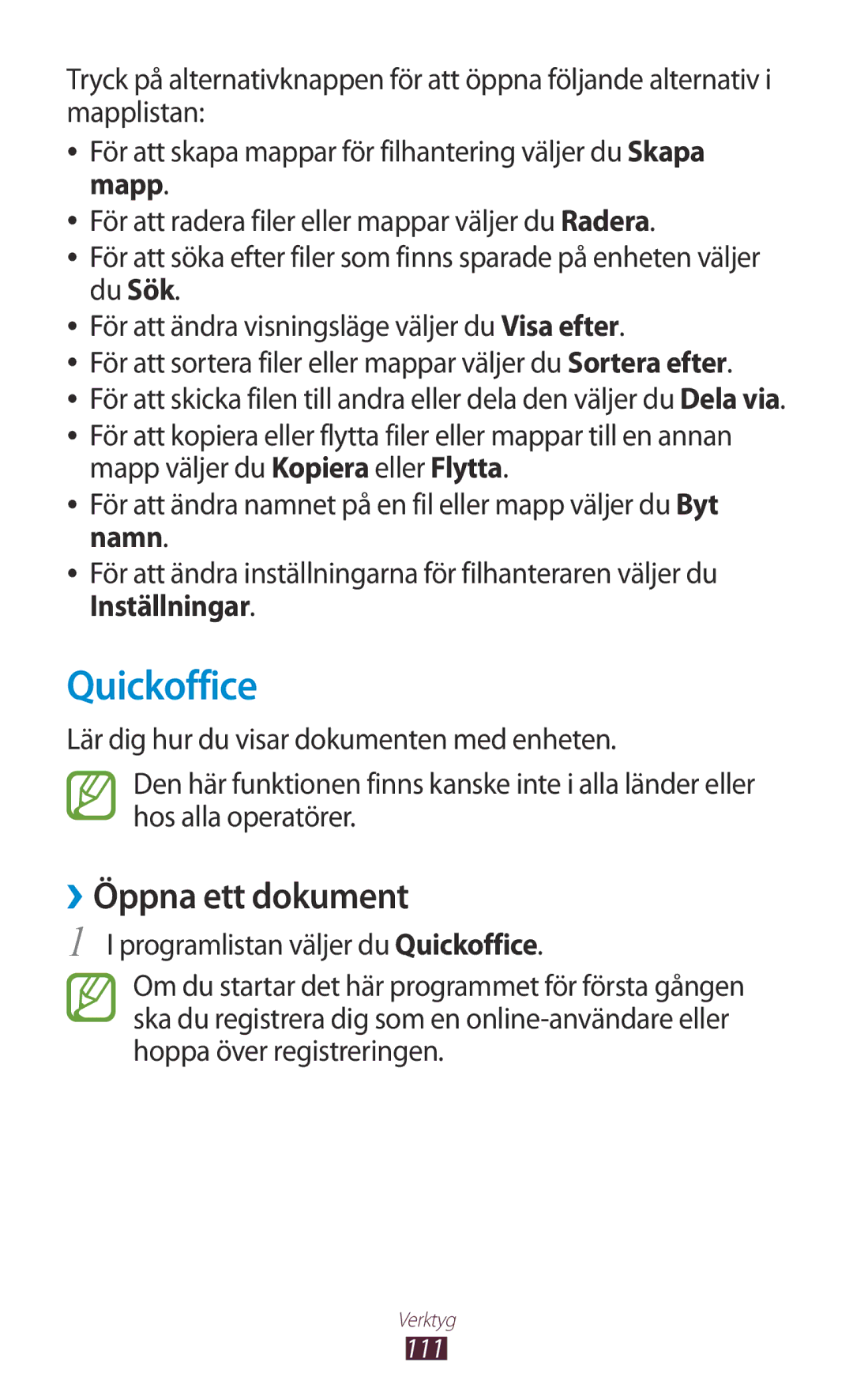 Samsung GT-S5301ZYANEE, GT-S5301ZKANEE, GT-S5301ZOANEE manual ››Öppna ett dokument, Programlistan väljer du Quickoffice 