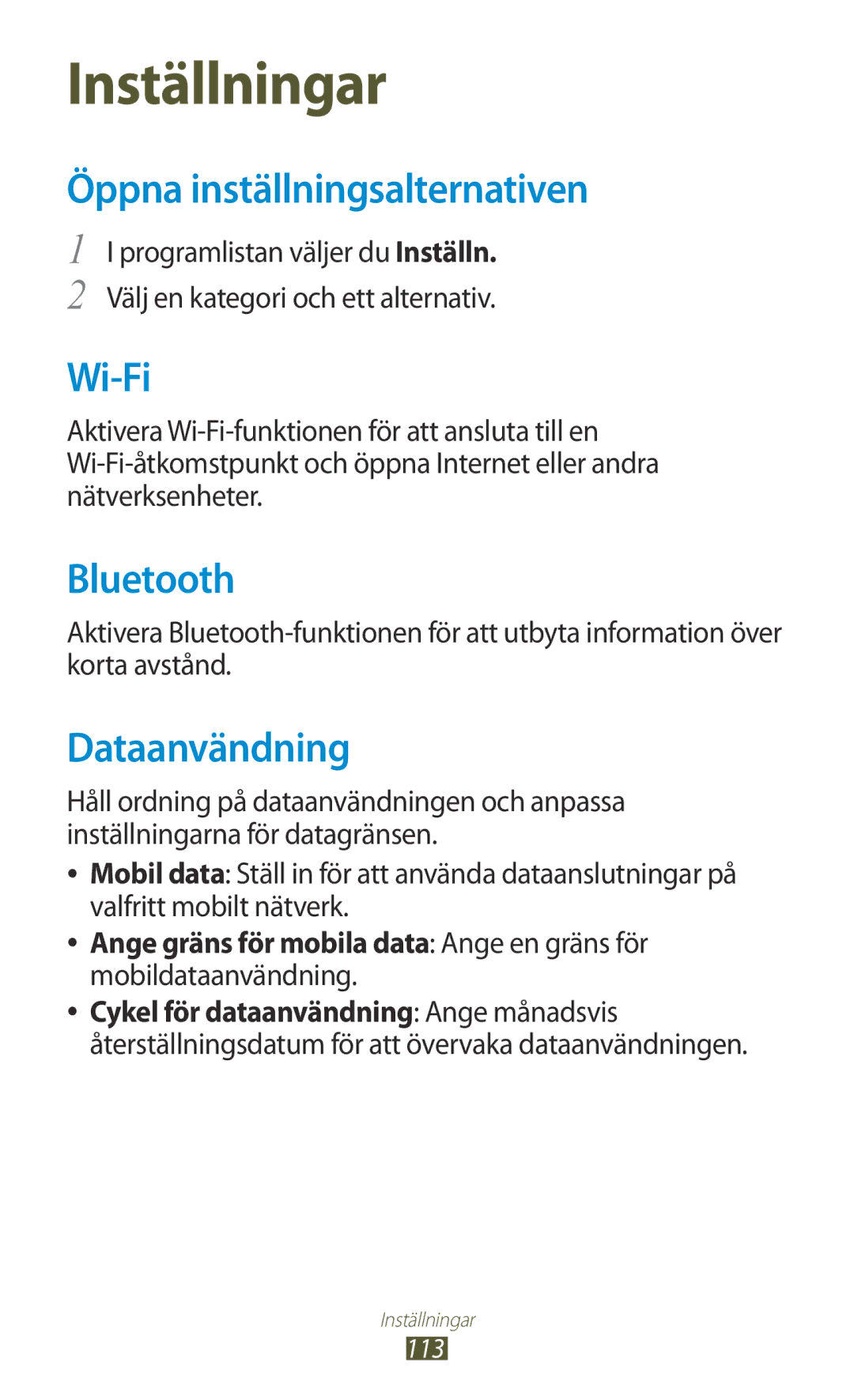 Samsung GT-S5301ZIANEE manual Öppna inställningsalternativen, Dataanvändning, Ange gräns för mobila data Ange en gräns för 