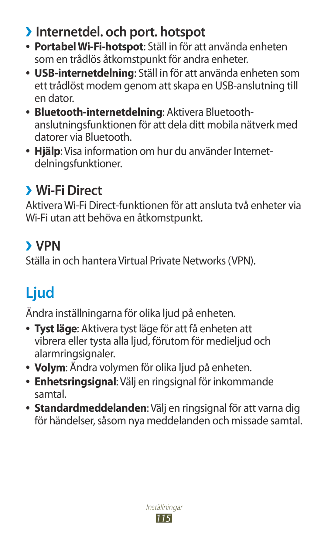 Samsung GT-S5301ZKANEE, GT-S5301ZYANEE, GT-S5301ZOANEE manual Ljud, ››Internetdel. och port. hotspot, ››Wi-Fi Direct 