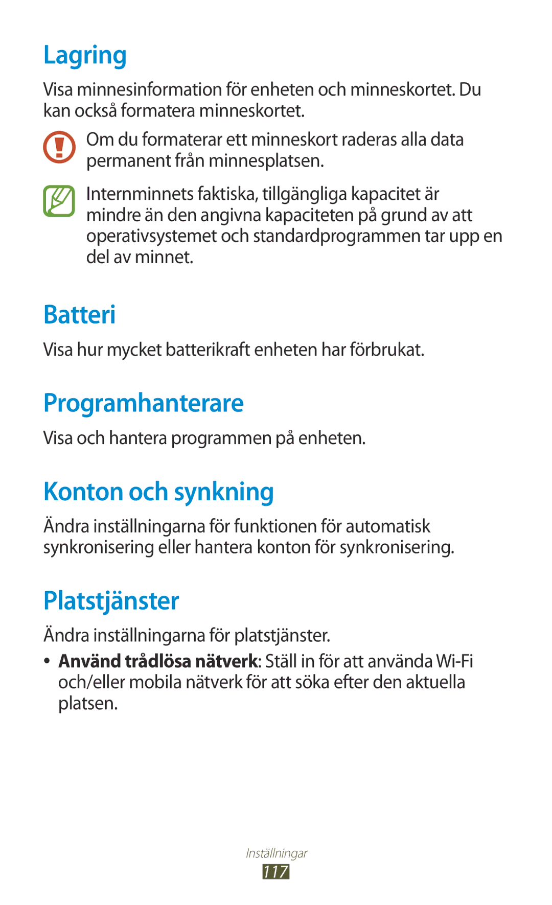 Samsung GT-S5301ZOANEE, GT-S5301ZKANEE manual Lagring, Batteri, Programhanterare, Konton och synkning, Platstjänster 