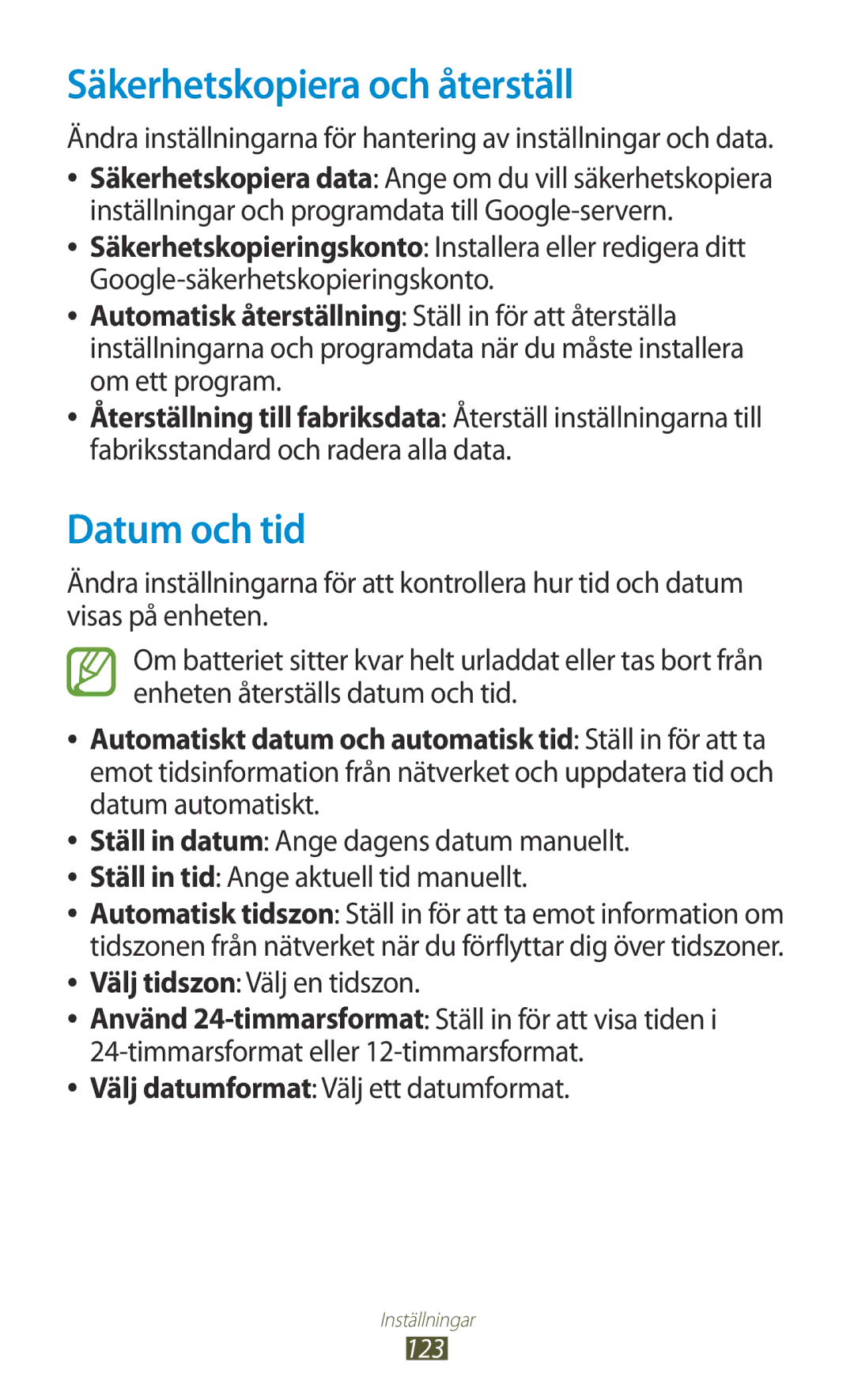 Samsung GT-S5301ZIANEE, GT-S5301ZKANEE, GT-S5301ZYANEE, GT-S5301ZOANEE manual Säkerhetskopiera och återställ, Datum och tid 