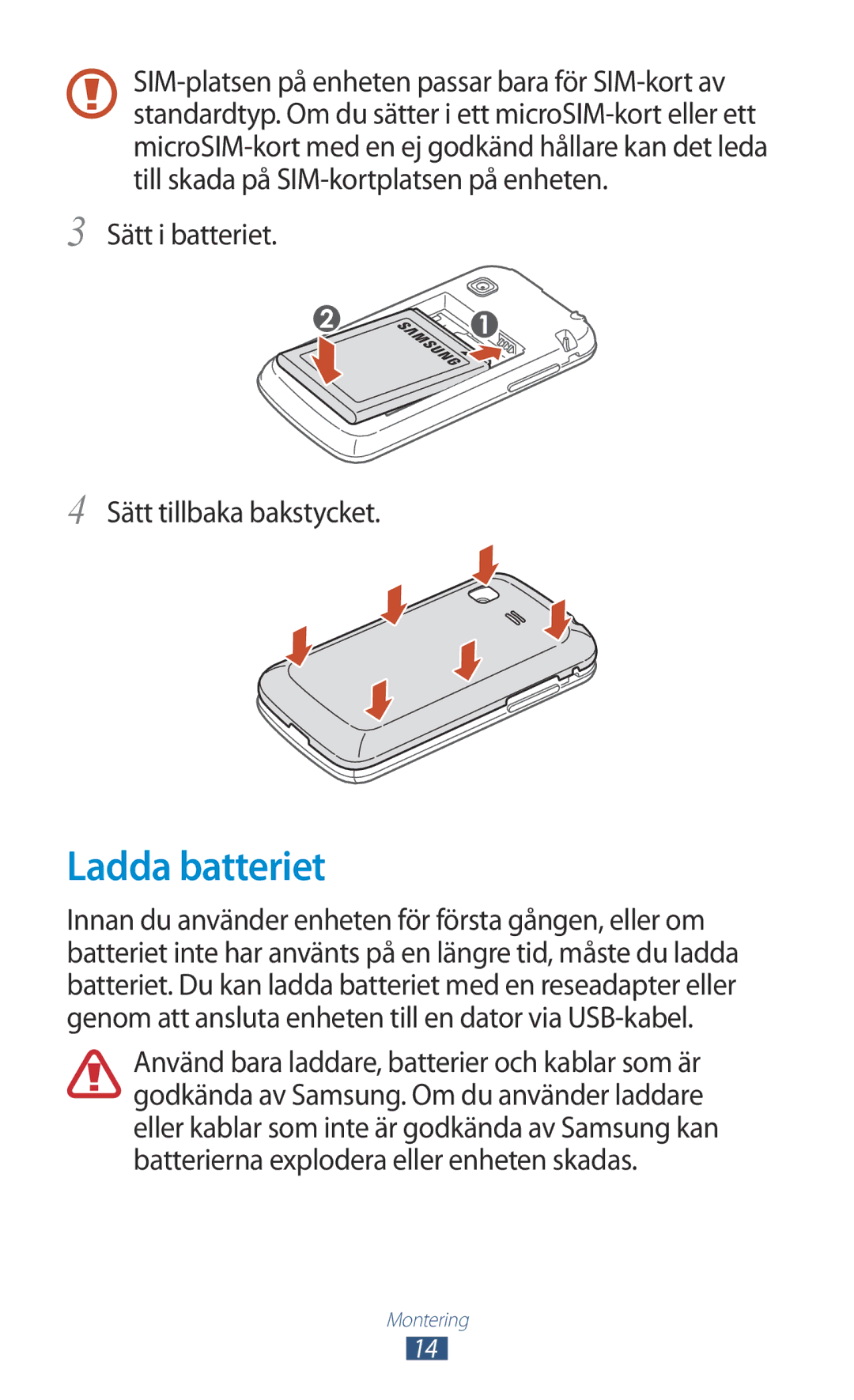 Samsung GT-S5301ZWANEE, GT-S5301ZKANEE, GT-S5301ZYANEE manual Ladda batteriet, Sätt i batteriet Sätt tillbaka bakstycket 