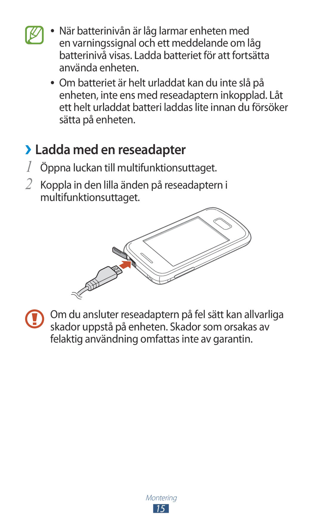 Samsung GT-S5301ZKANEE, GT-S5301ZYANEE, GT-S5301ZOANEE, GT-S5301ZIANEE, GT-S5301ZWANEE manual ››Ladda med en reseadapter 