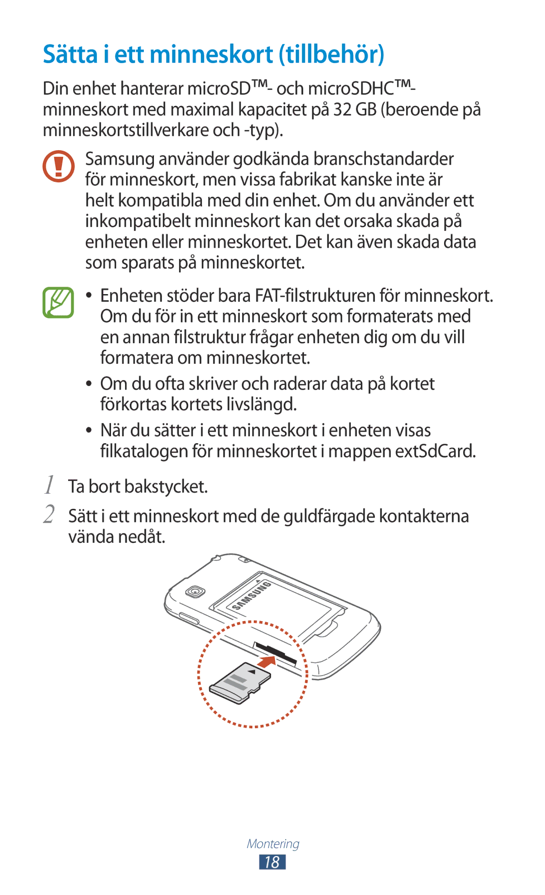 Samsung GT-S5301ZIANEE, GT-S5301ZKANEE, GT-S5301ZYANEE, GT-S5301ZOANEE, GT-S5301ZWANEE manual Sätta i ett minneskort tillbehör 