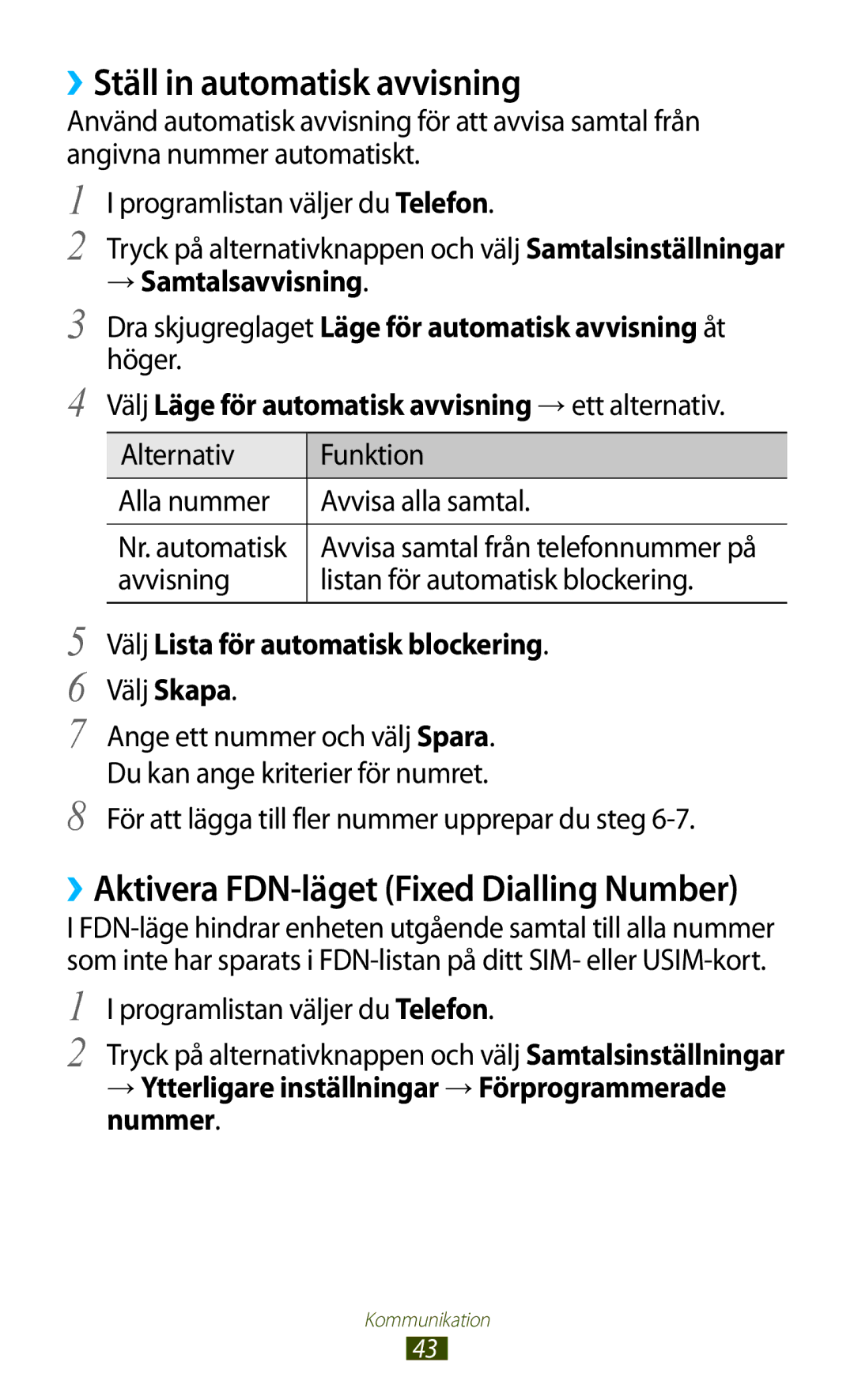 Samsung GT-S5301ZIANEE, GT-S5301ZKANEE manual ››Ställ in automatisk avvisning, ››Aktivera FDN-läget Fixed Dialling Number 