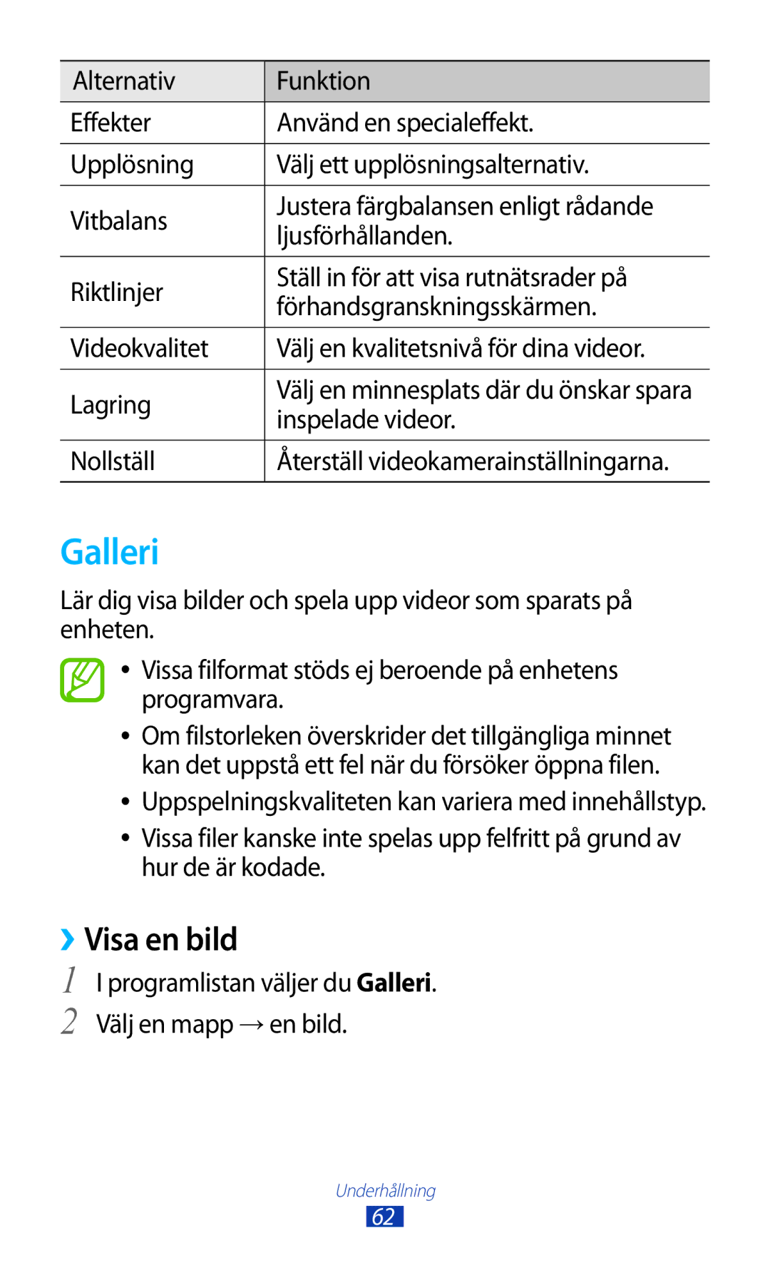 Samsung GT-S5301ZOANEE manual Galleri, ››Visa en bild, Inspelade videor, Nollställ Återställ videokamerainställningarna 