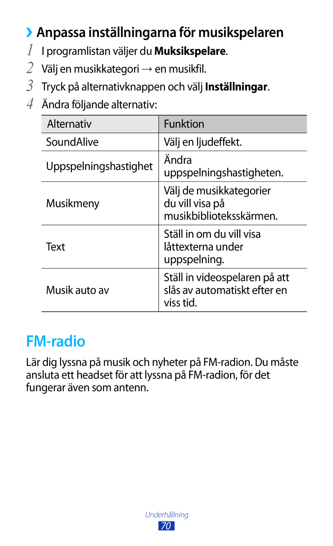 Samsung GT-S5301ZKANEE, GT-S5301ZYANEE, GT-S5301ZOANEE, GT-S5301ZIANEE FM-radio, ››Anpassa inställningarna för musikspelaren 