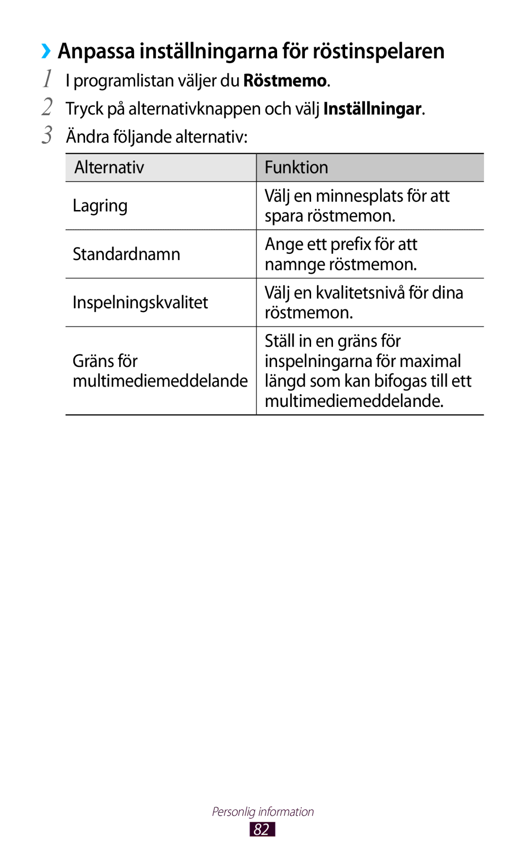 Samsung GT-S5301ZOANEE, GT-S5301ZKANEE, GT-S5301ZYANEE ››Anpassa inställningarna för röstinspelaren, Multimediemeddelande 