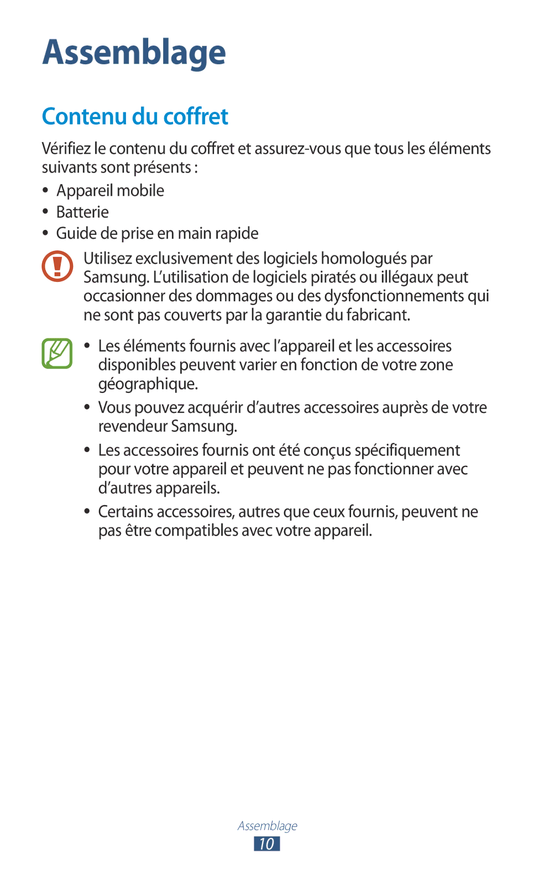 Samsung GT-S5301ZKAVVT, GT-S5301ZWAVVT manual Contenu du coffret, Guide de prise en main rapide 