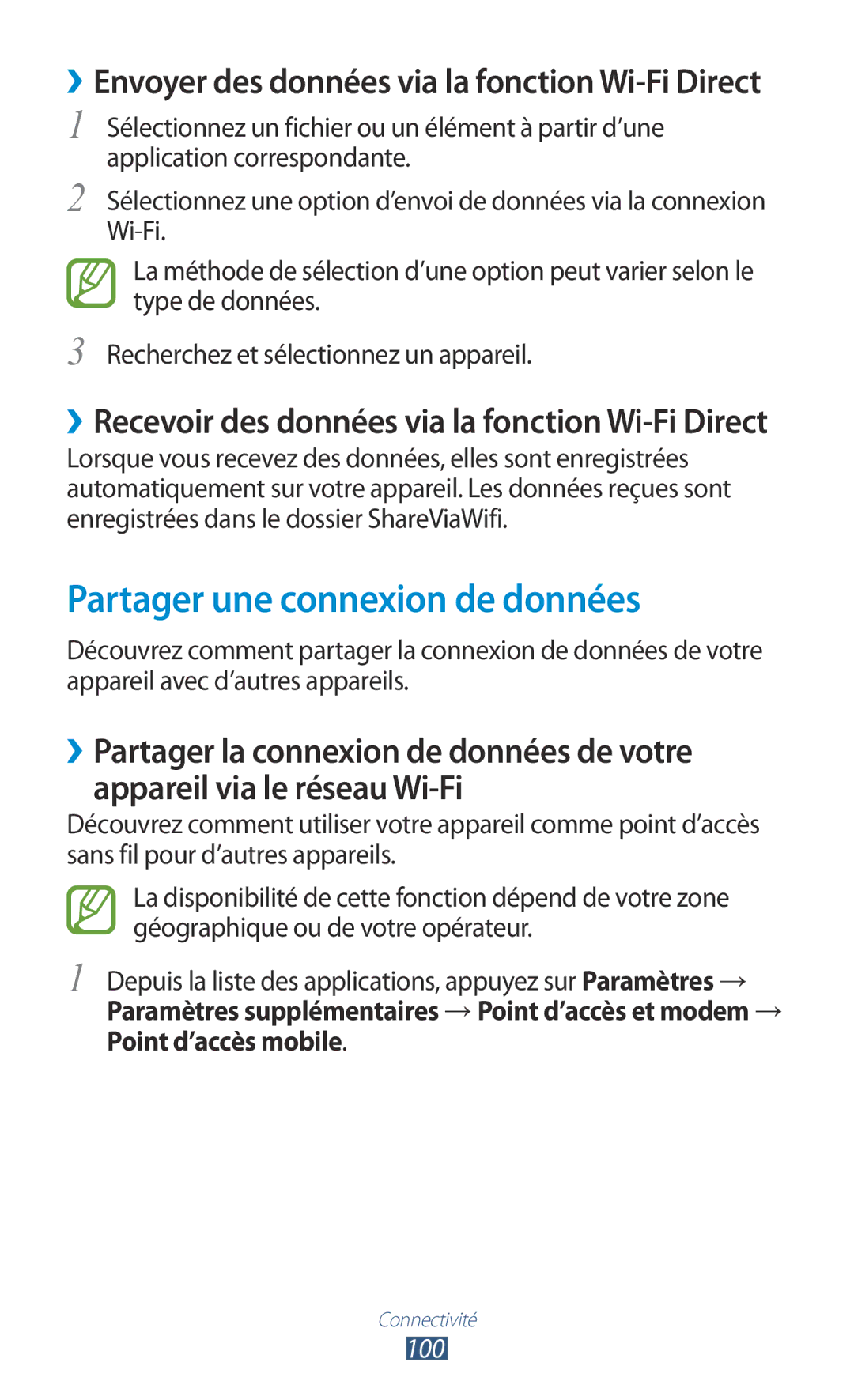 Samsung GT-S5301ZKAVVT manual Partager une connexion de données, ››Envoyer des données via la fonction Wi-Fi Direct 