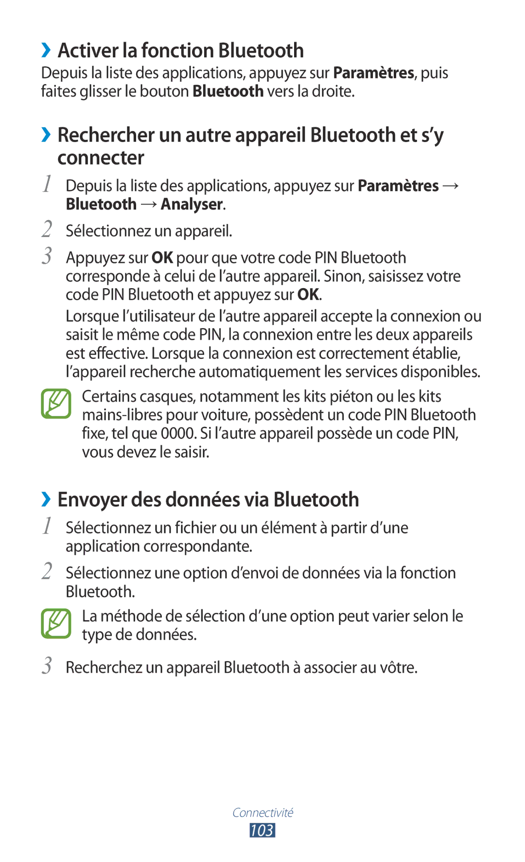 Samsung GT-S5301ZWAVVT manual ››Activer la fonction Bluetooth, ››Rechercher un autre appareil Bluetooth et s’y connecter 