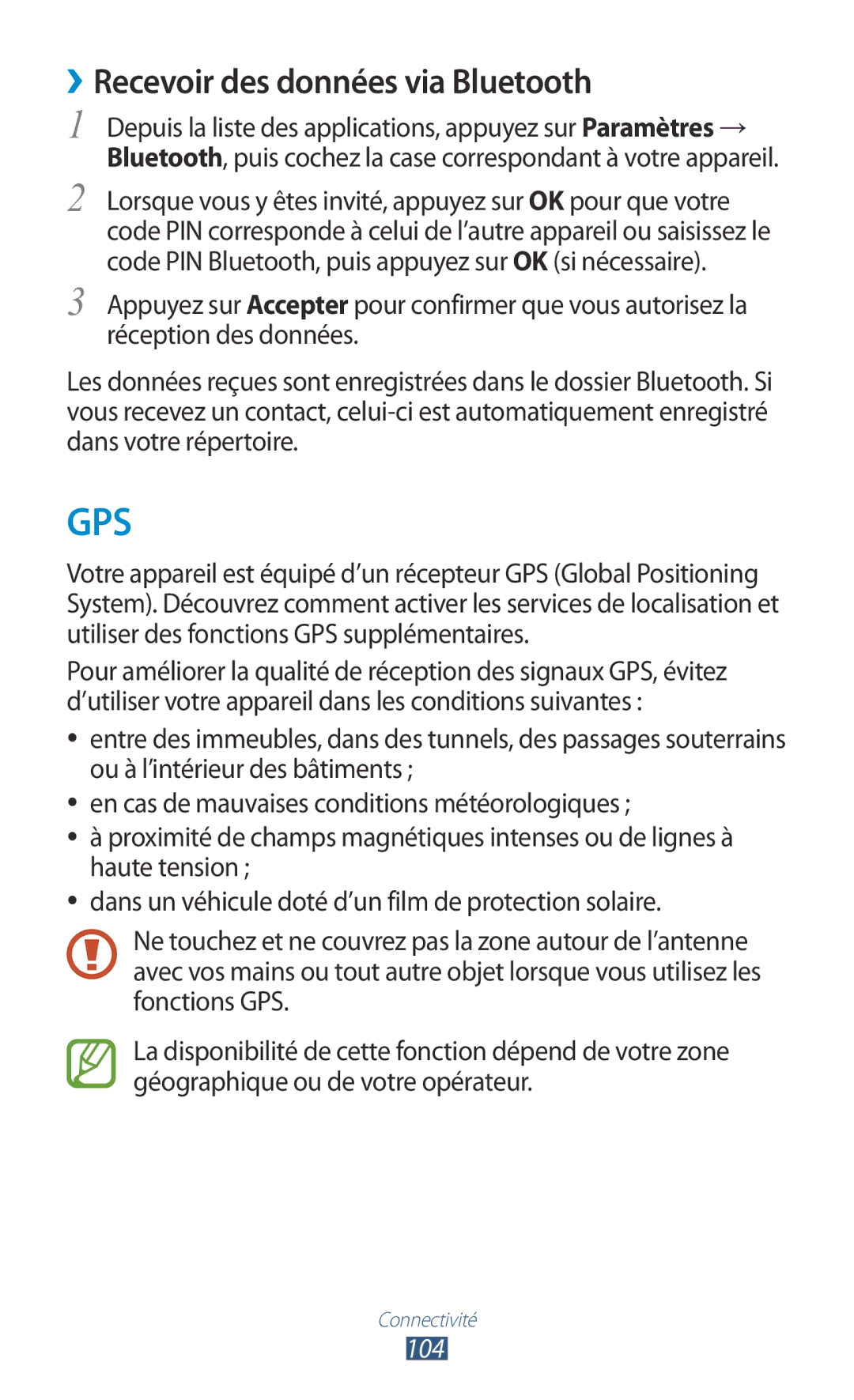 Samsung GT-S5301ZKAVVT, GT-S5301ZWAVVT manual Gps, ››Recevoir des données via Bluetooth 