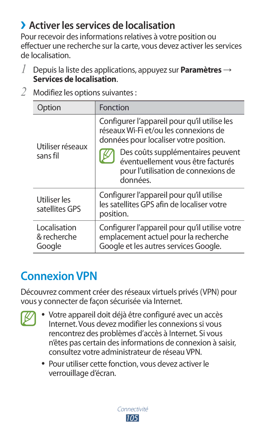 Samsung GT-S5301ZWAVVT, GT-S5301ZKAVVT manual Connexion VPN, ››Activer les services de localisation 