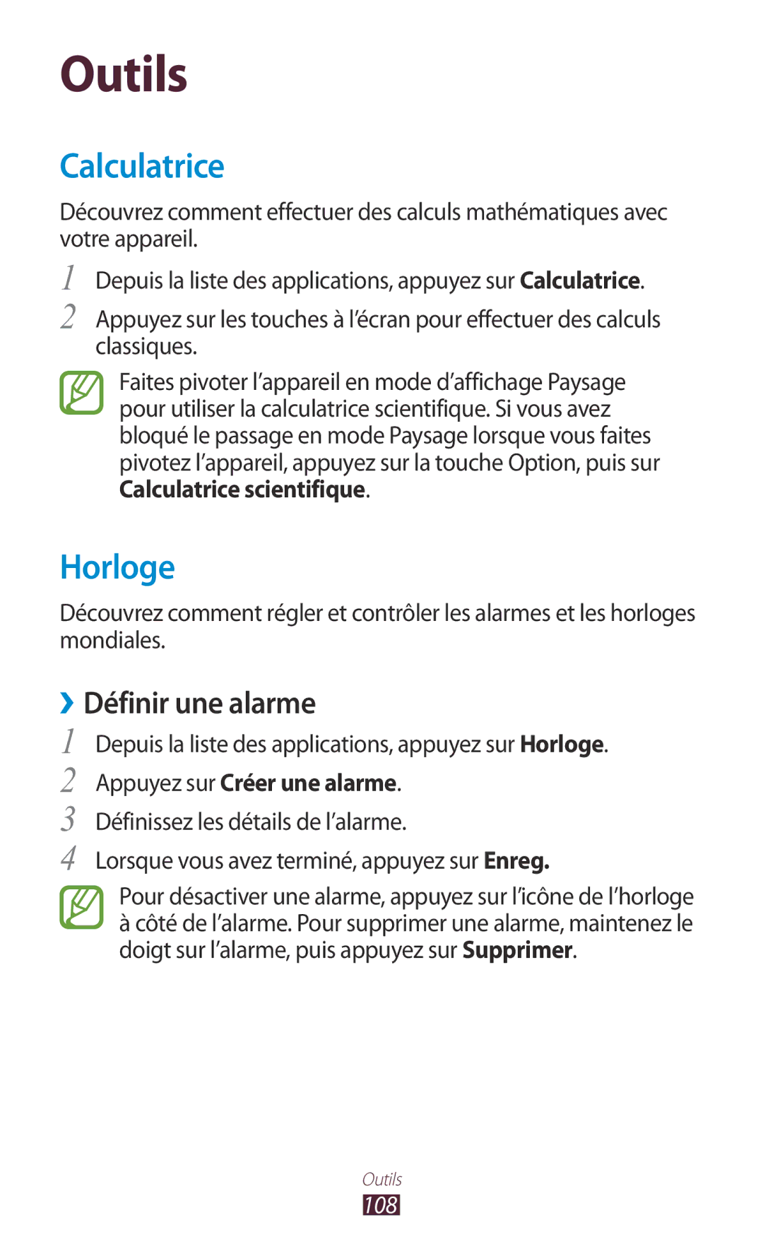 Samsung GT-S5301ZKAVVT manual Calculatrice, ››Définir une alarme, Depuis la liste des applications, appuyez sur Horloge 